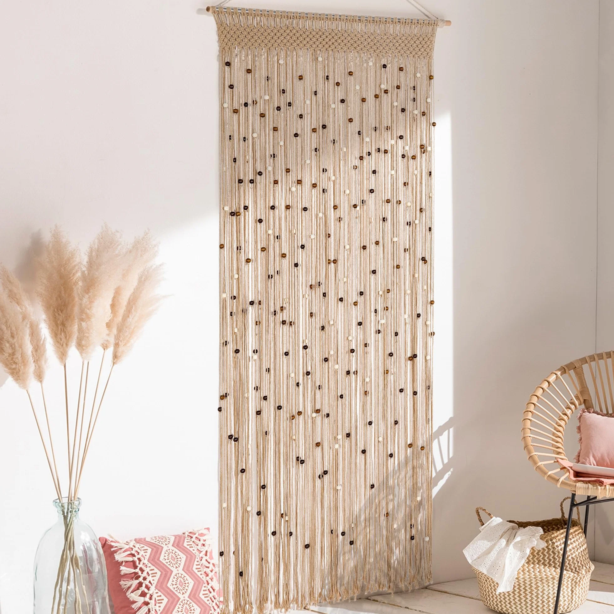 BECHAEO Rideau de perles en macramé fait à la main en coton pour porte, fenêtre, perles en bois et pompons à suspendre, séparateur de pièce, couloir, placard, chambre à coucher, décoration d'intimité,