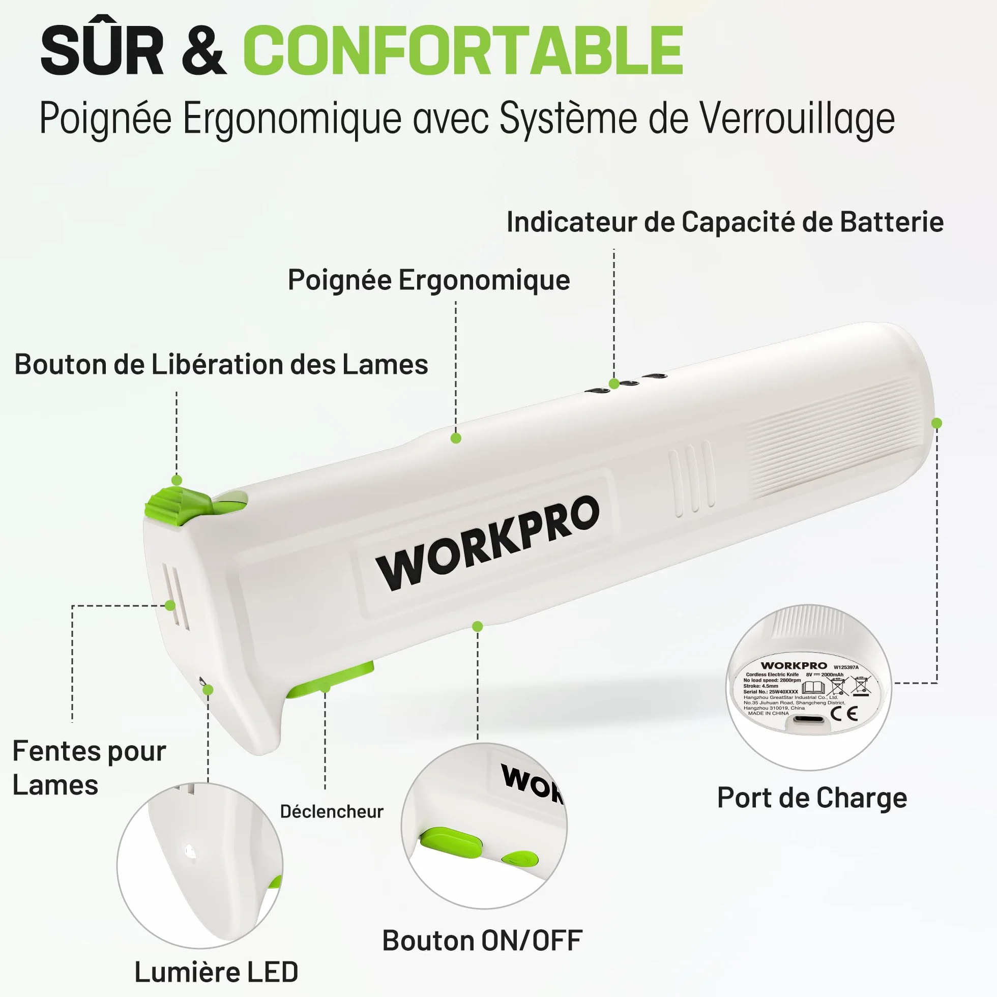 WORKPRO Couteau Électrique Sans Fil 8V, 2 Lames Acier Inoxydable, Lavable Lave-Vaisselle