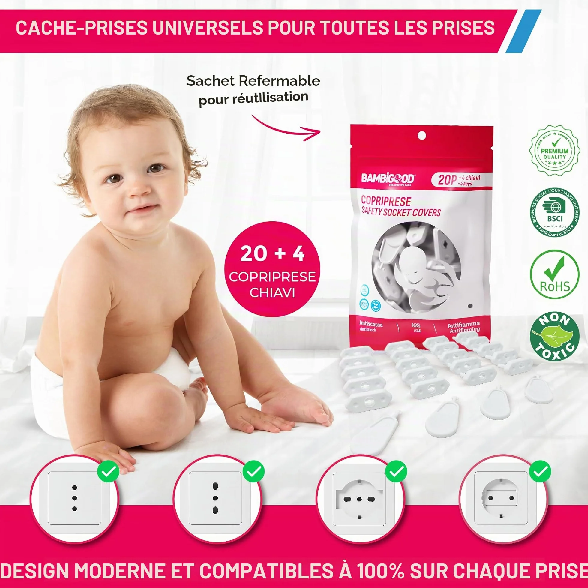 Cache Prise Bébé Electrique Universal 10/16A Schuko Sécurité Domestique Blanc
