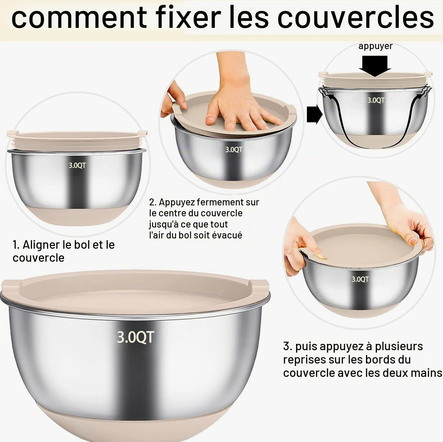 Terlulu Lot de 6 saladiers en acier inoxydable avec couvercle et fond en silicone, 3 embouts de râpe, 4,7 l/3,8 l/2,8 l/1,9 l/1,4 l/0,6 l, antidérapants et empilables, kaki