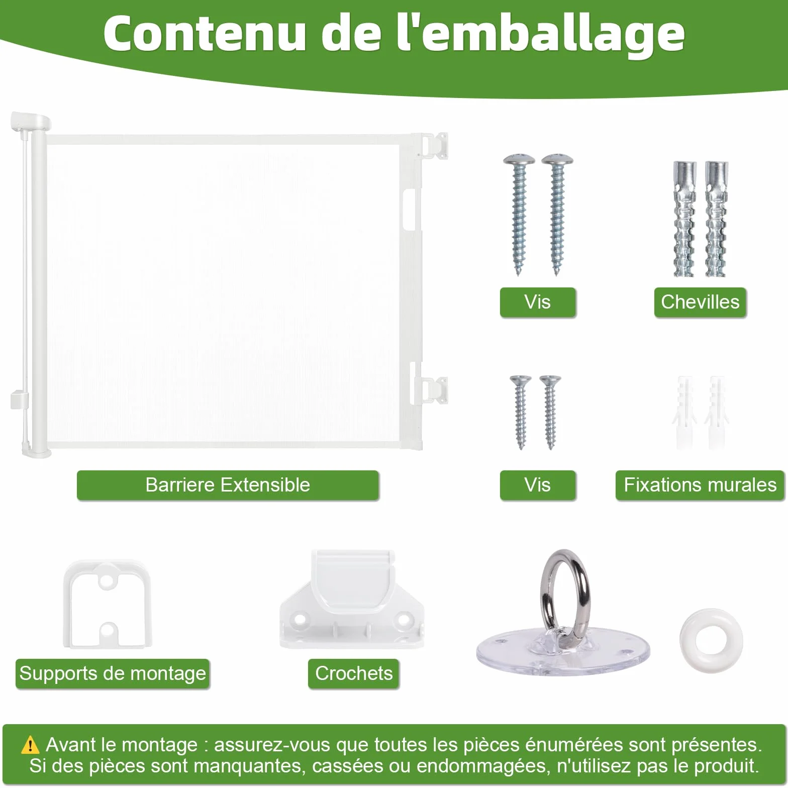 Barrière de Sécurité Rétractable pour Bébé 0-150 cm, Adaptée aux Escaliers, Couloirs, Intérieur et Extérieur (Blanc)