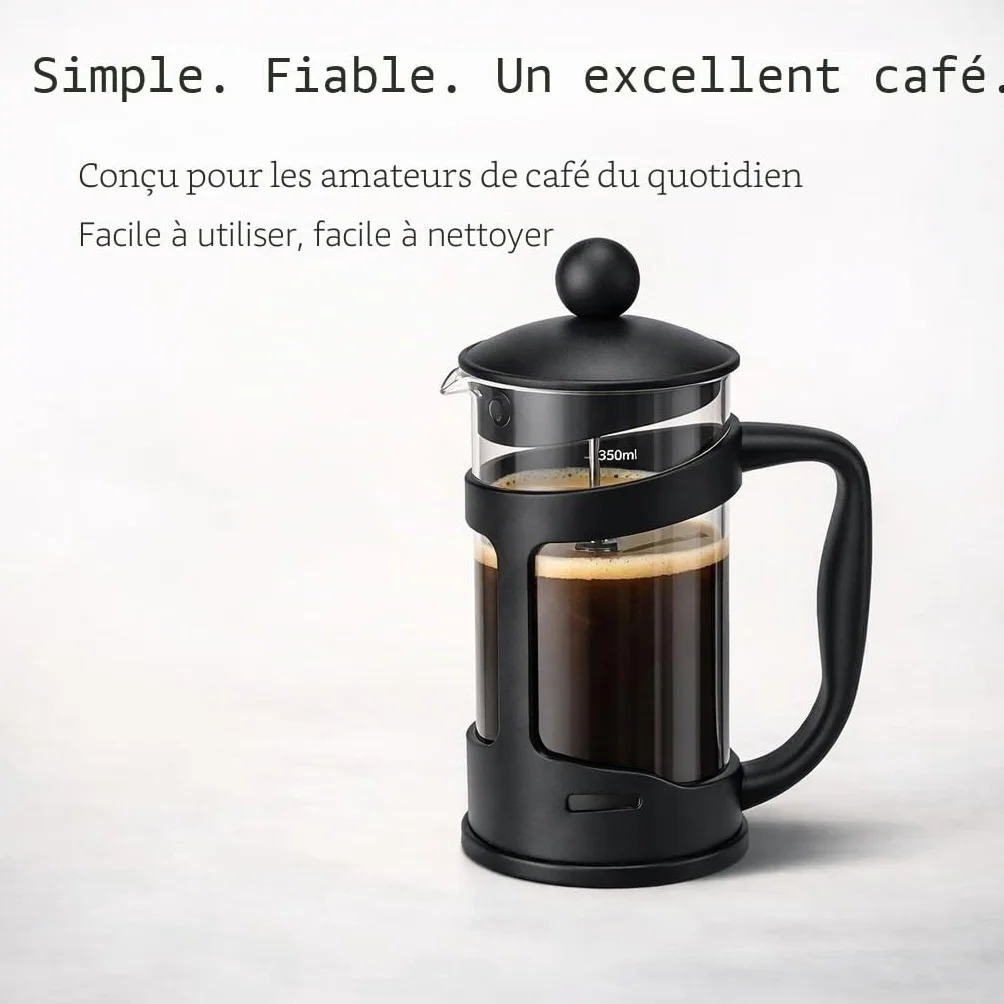 Cafetière Classique Continental Noire 350 ml – Cafetière à Piston en Verre Trempé Résistant aux Chocs