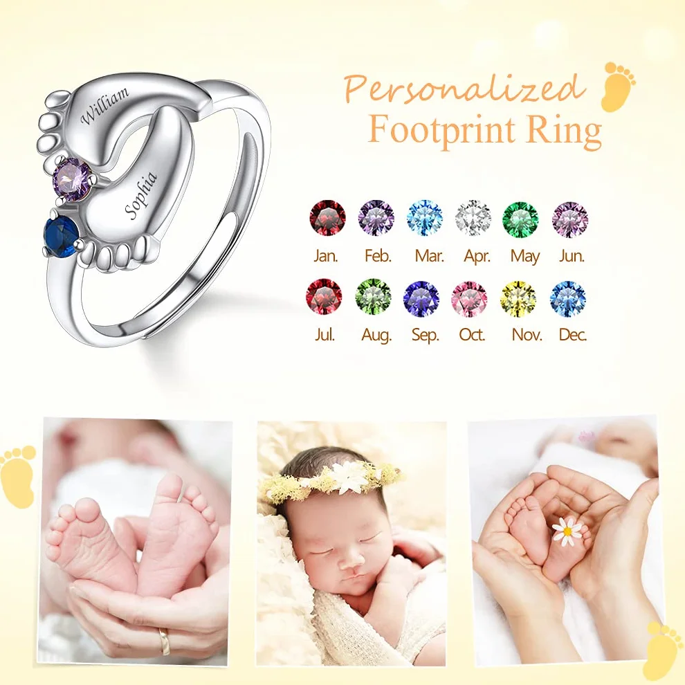 Bague Argent 925 Femme Réglable Personnalisable 2 Prénoms Pierre de Naissance