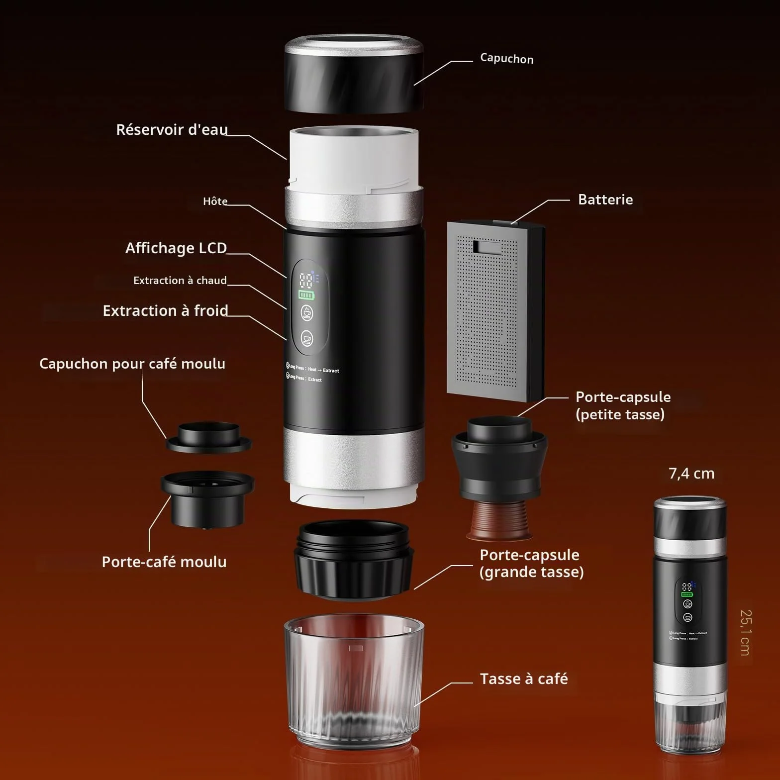 Cafetière Portable 3 en 1,Machine à Café à Capsules Expresso Cafetière Rechargeable avec Batterie 2×7500 mAh,compatible avec Capsules Ness-preso, Dolce-Gusto,pour Camping,Bureau,Voyage