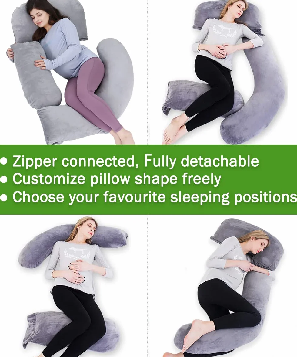 Awesling Oreiller Corps Complet Allaitement Maternité Grossesse Extra Large Forme U Côté Amovible Coussin Soutien Housse Amovible Gris