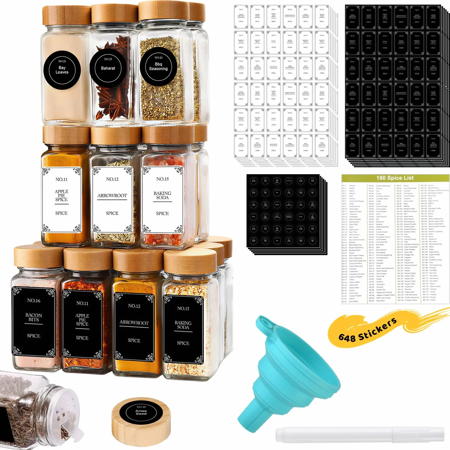 Pot à Épices en Verre 120 ml avec Couvercles, Bocaux Hermétiques Carrés avec Entonnoir et 648 Étiquettes