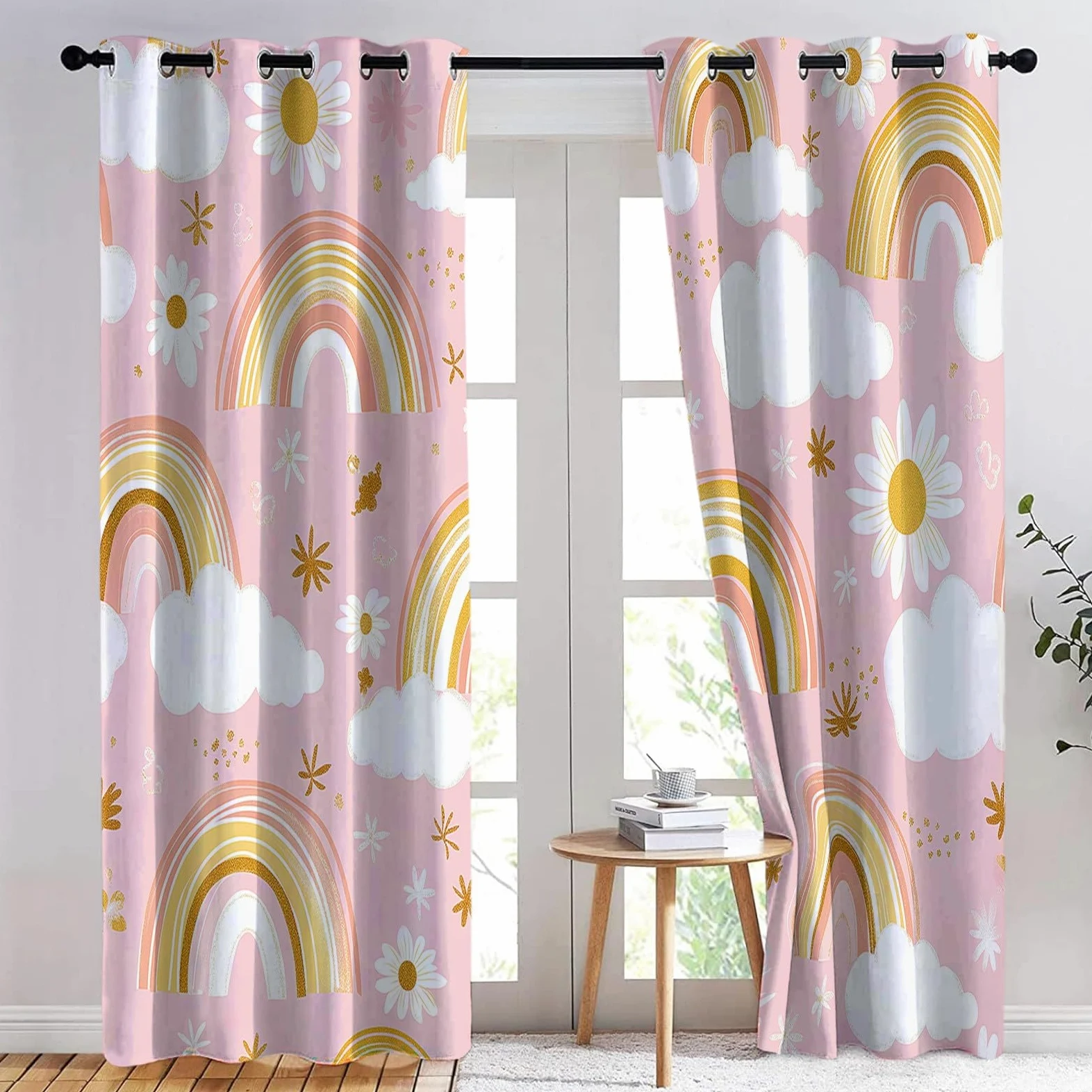 Générique Rideaux Occultants Nuages Arc en Ciel Plantes Fleurs, Rideaux Imprimé Isolant Thermique Anti Froid - Draperies Polyester Oeillet Rose pour Chambre Salon Décoration Lot de 2 110L x 215H cm