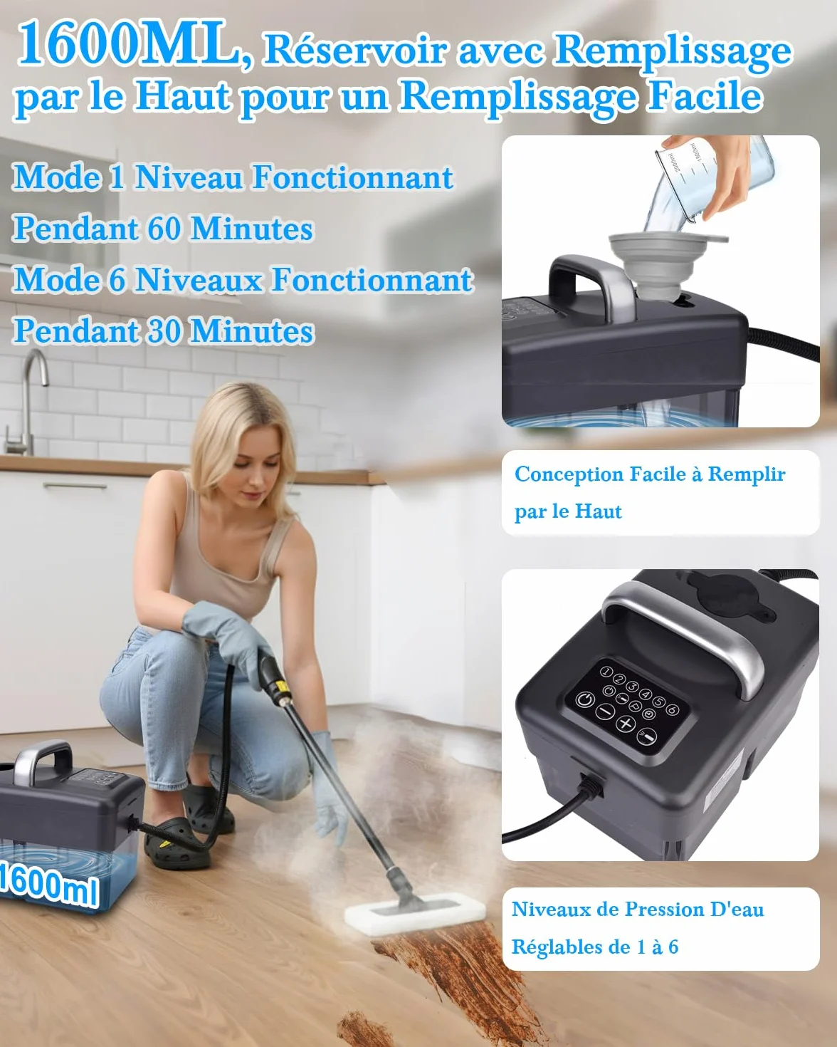 Nettoyeur Vapeur Portable 2500W 1,6L 6 Niveaux 120°C 10 Accessoires Gris