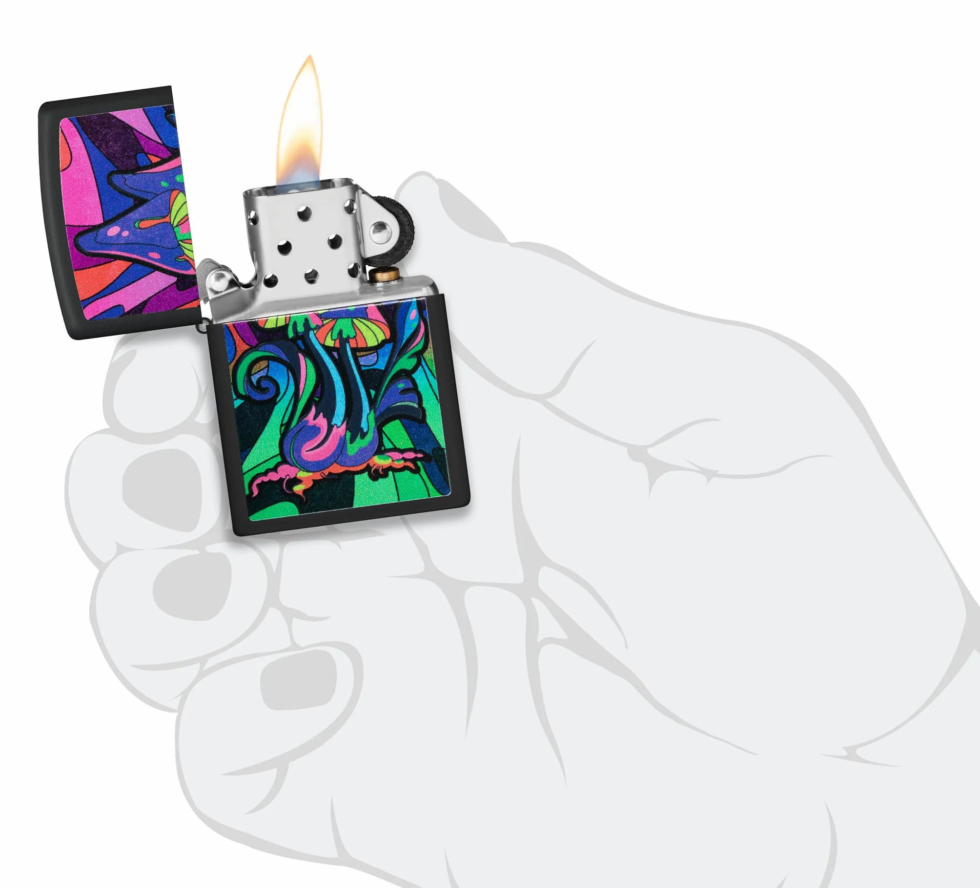 Zippo - Briquet Tempête Motif Champignons Psychédéliques Et Galaxie/Contre-Culture, Noir Mat, Lumière Noire, Rechargeable, Réutilisable, Coupe-Vent, Coffret Cadeau, Fabriqué Aux États-Unis