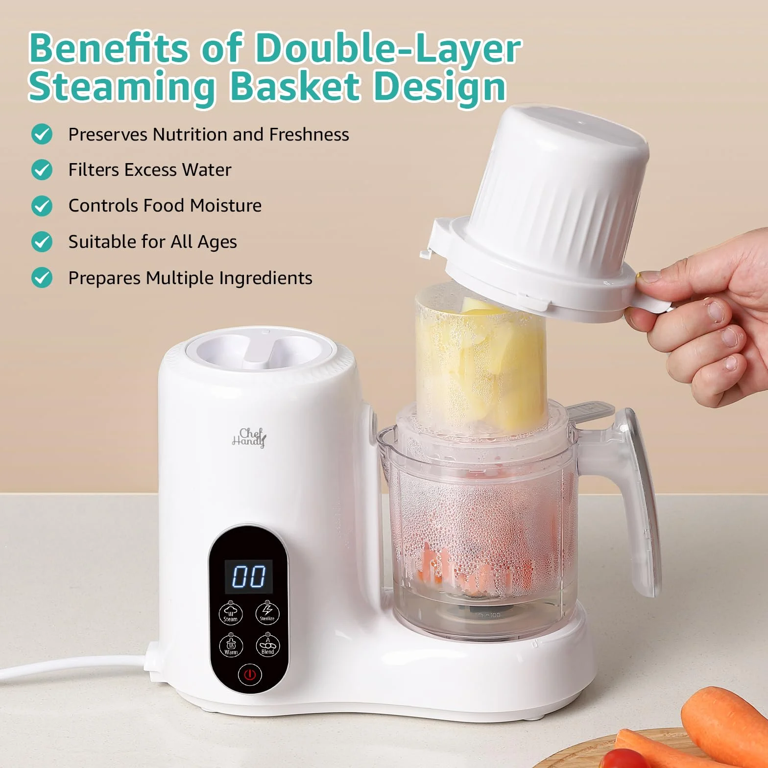 Chefhandy Robot Cuiseur Bébé 5 en 1 – Mixeur Cuiseur Vapeur Double, Chauffe-Biberon, Écran Tactile Blanc