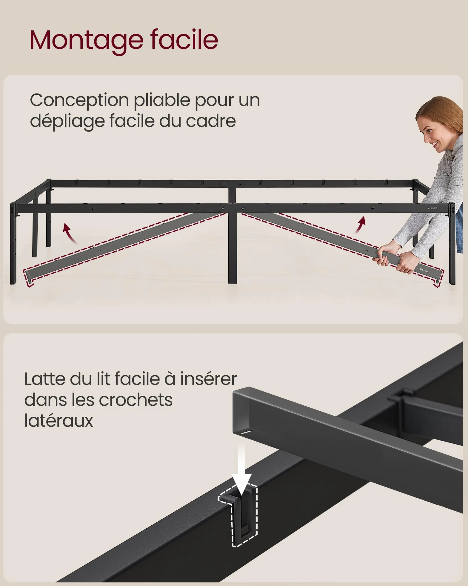 VASAGLE Cadre de lit Double métal Lit 140x190 cm 450 kg Noir d'encre RMB133B01