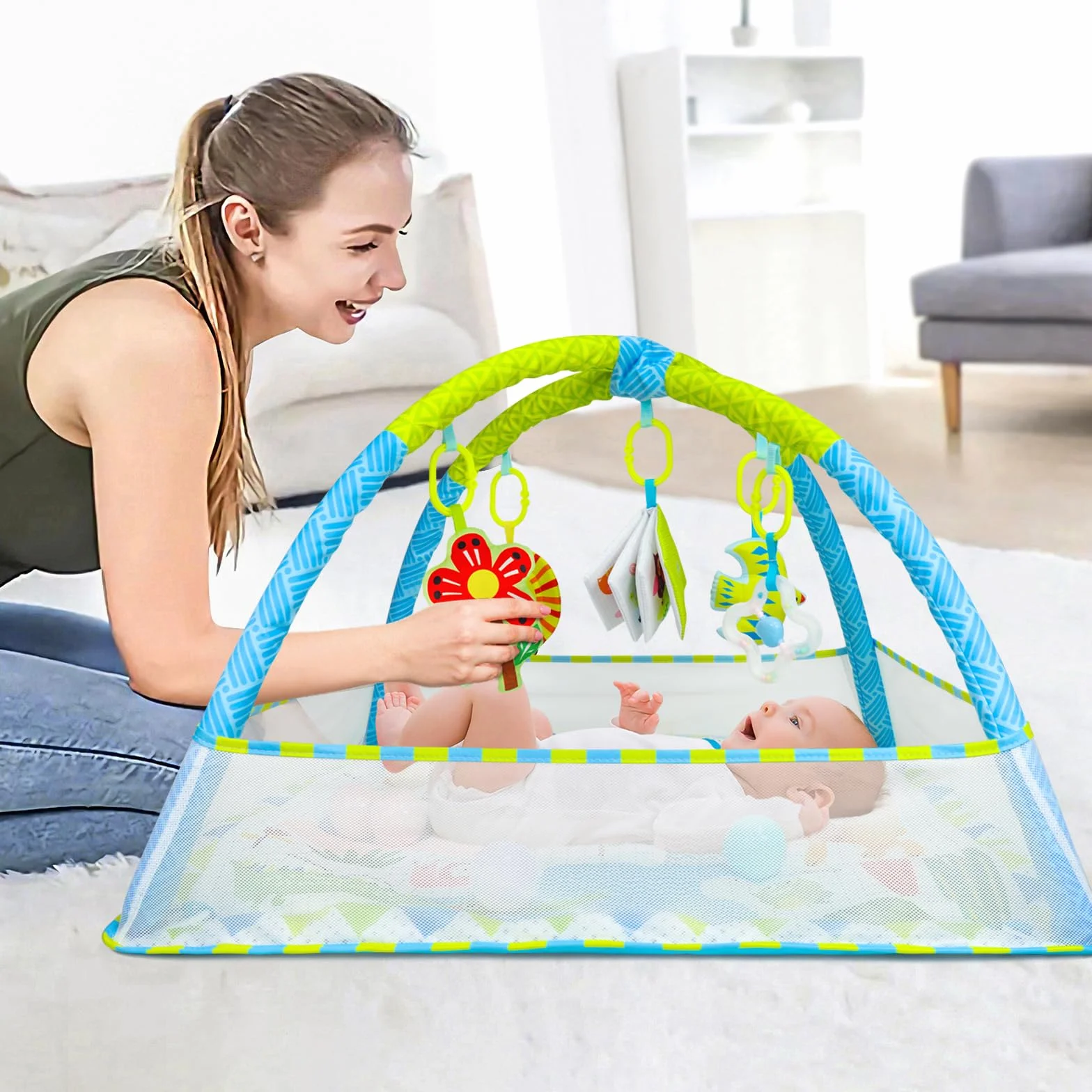 Dr.Rapeti Tapis d'éveil Bébé avec Arche, Jouets Amovibles, Miroir, Livre en Tissu, Balles