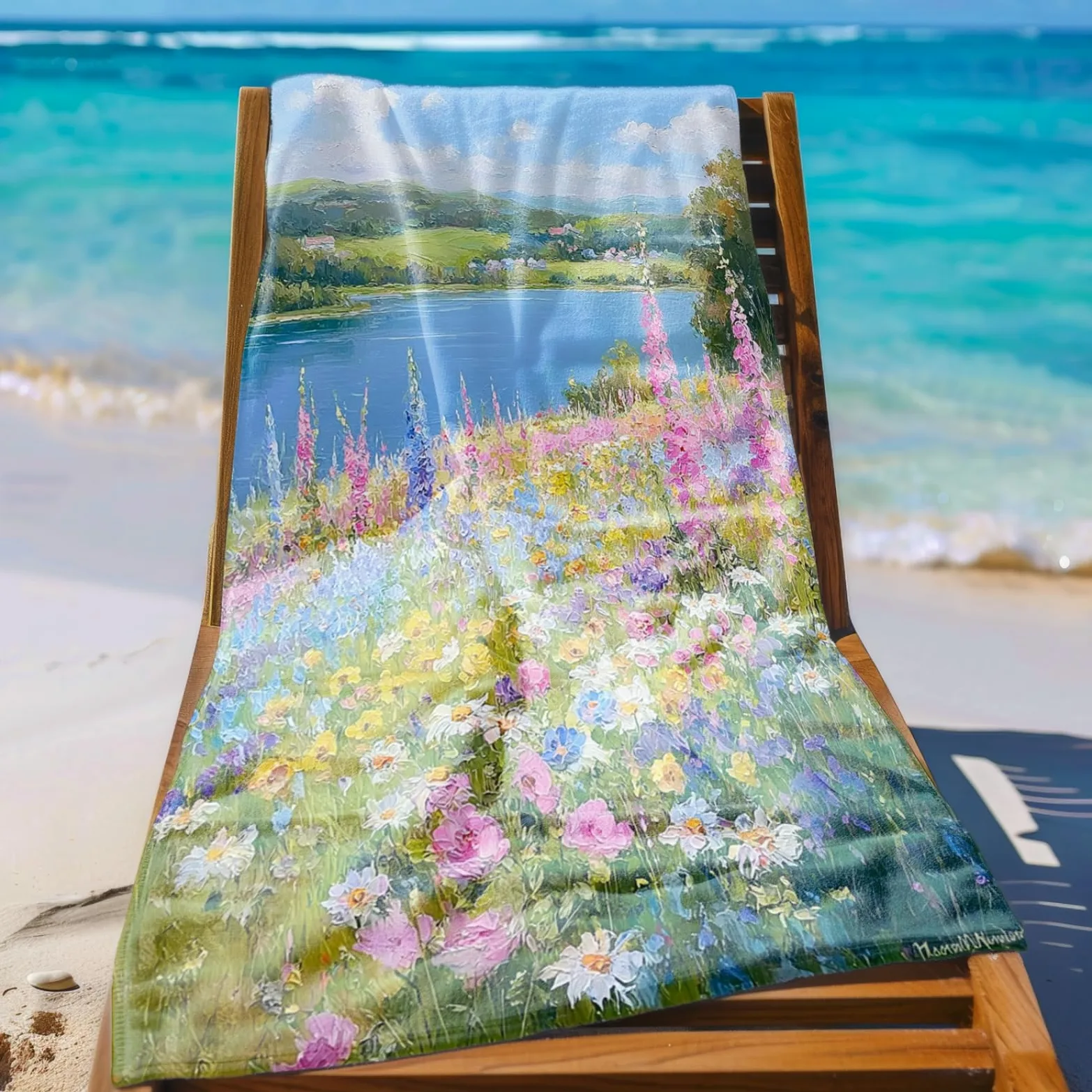 Tapis de Plage XXL Anti Sable Fleur De La Rivière Bleue Serviette Piscine Adulte,Natte De Plage Pliable, Voyage Accessoires De Plage Camping,Serviette de Bain Personnalisée