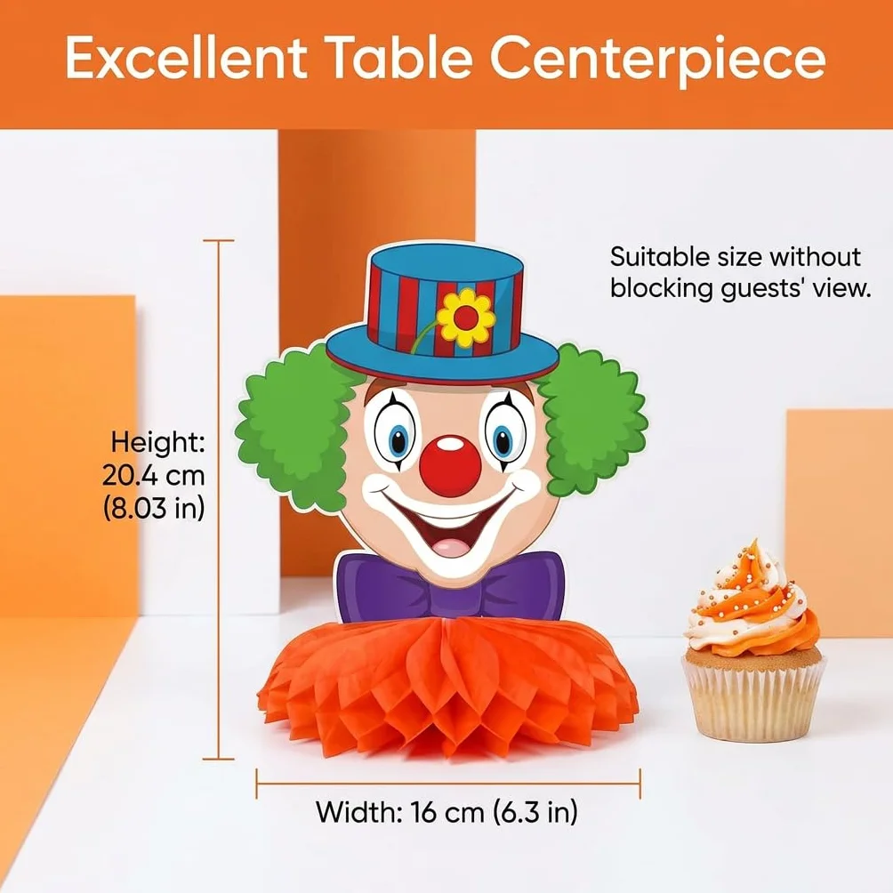 Lot de 6 Décoration Carnaval Clown Nid d'Abeille Centre de Table Cirque 3D Fête Anniversaire Enfant Mardi Gras Ornements Papier Alvéolé
