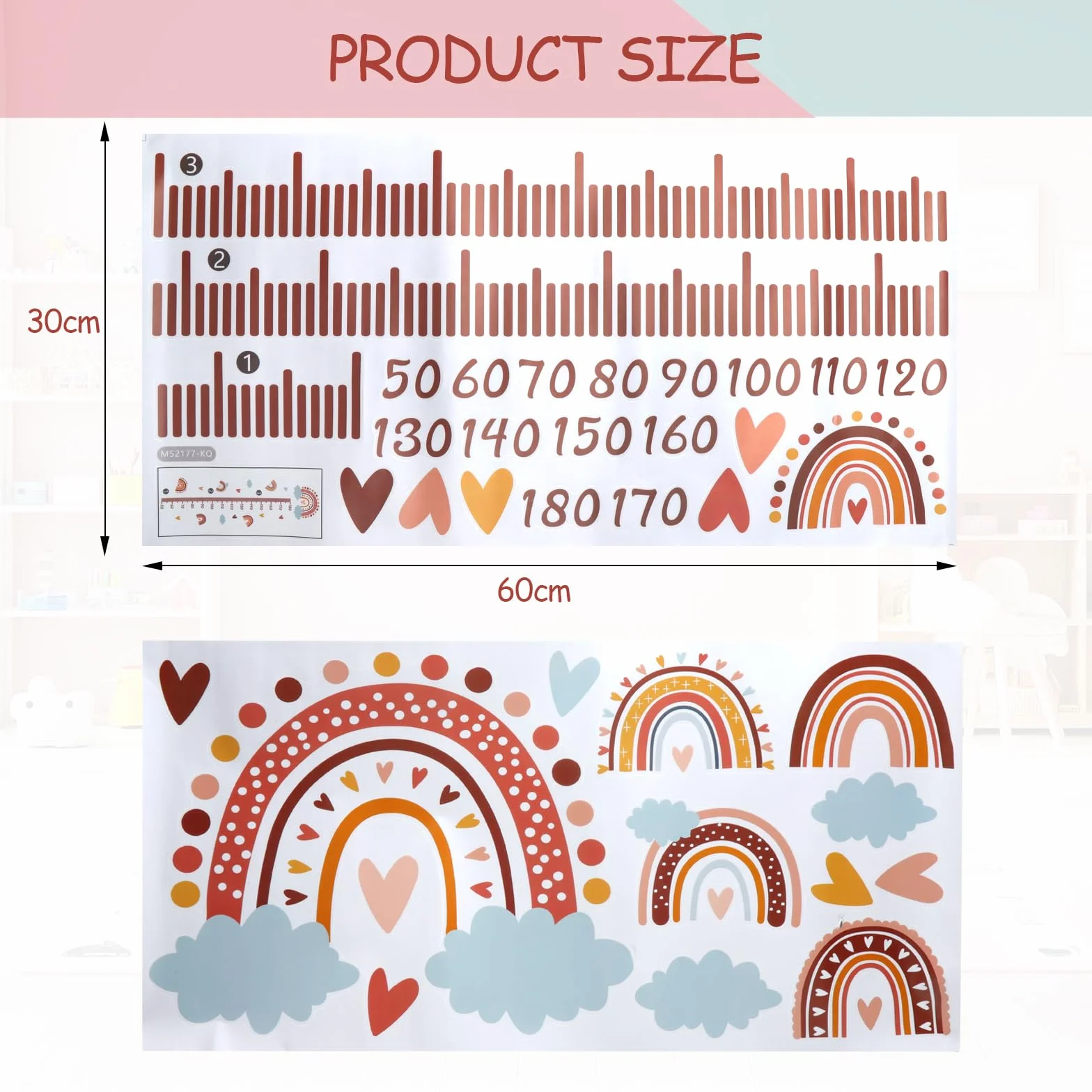 Sticker mural 3D arc-en-ciel toise de mesure bébé enfant 180 cm décoration murale