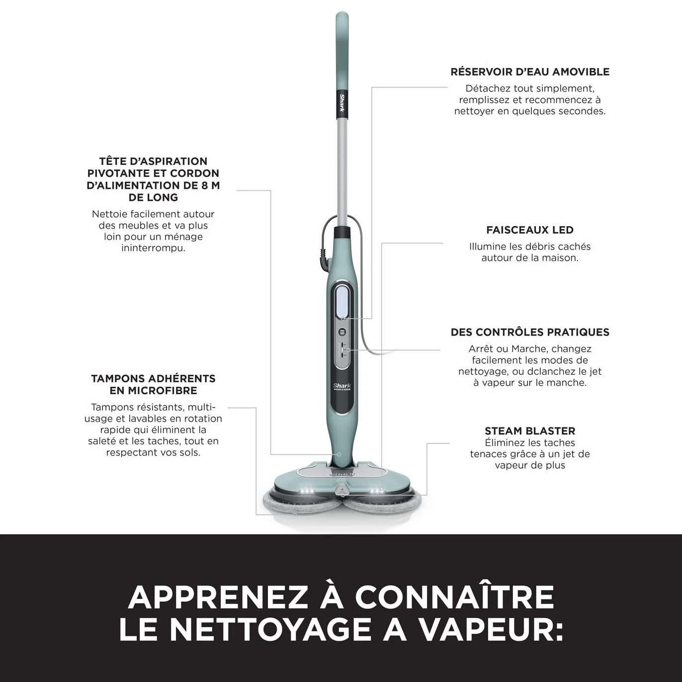Shark balai vapeur automatique Steam Blaster 6 lingettes microfibres 3 réglages vapeur sols durs cordon 8 m Vert sauge S8201EUCP