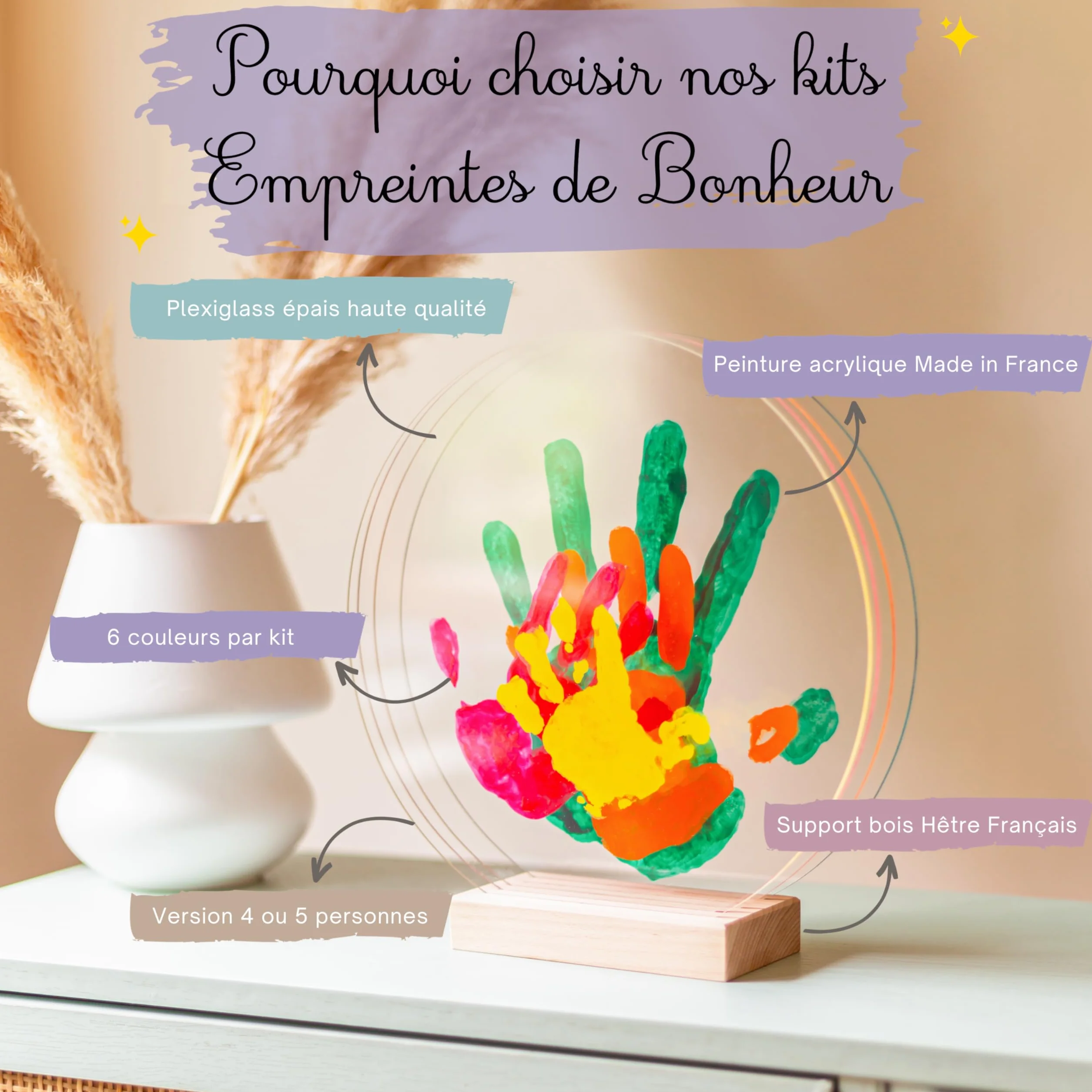 LouYou Kit Empreinte de Mains Famille de 4 - Couleurs Peps - Cadeau Naissance Bébé - Coffret Souvenir Made in France