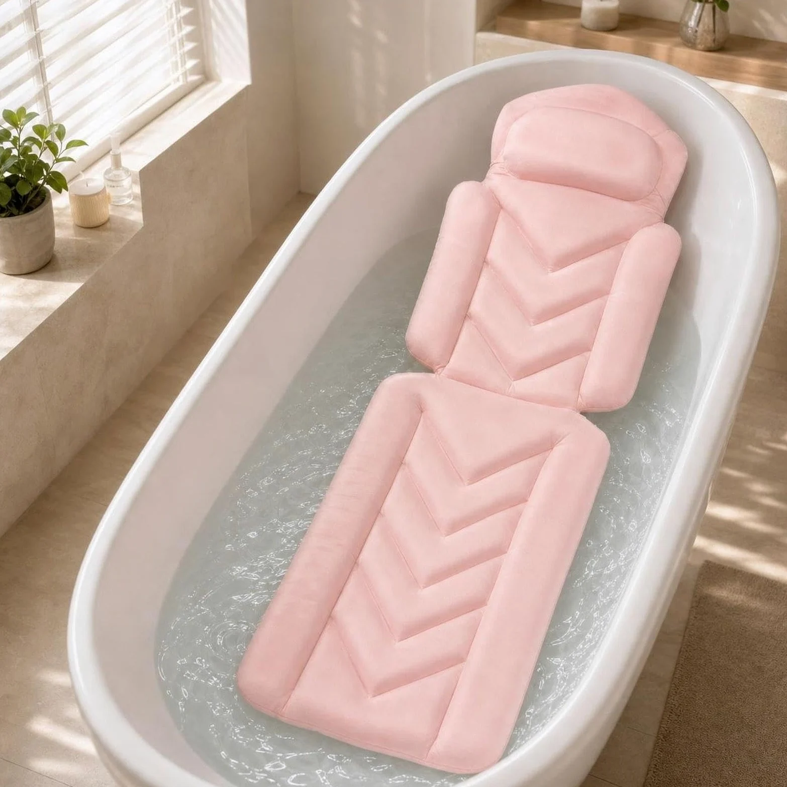 Tapis de Baignoire Antidérapant Adulte Coussin Intégré Respirante Polyester Ventouses Fixation Stable Lavable Confort Accessoires Baignoire, Rose