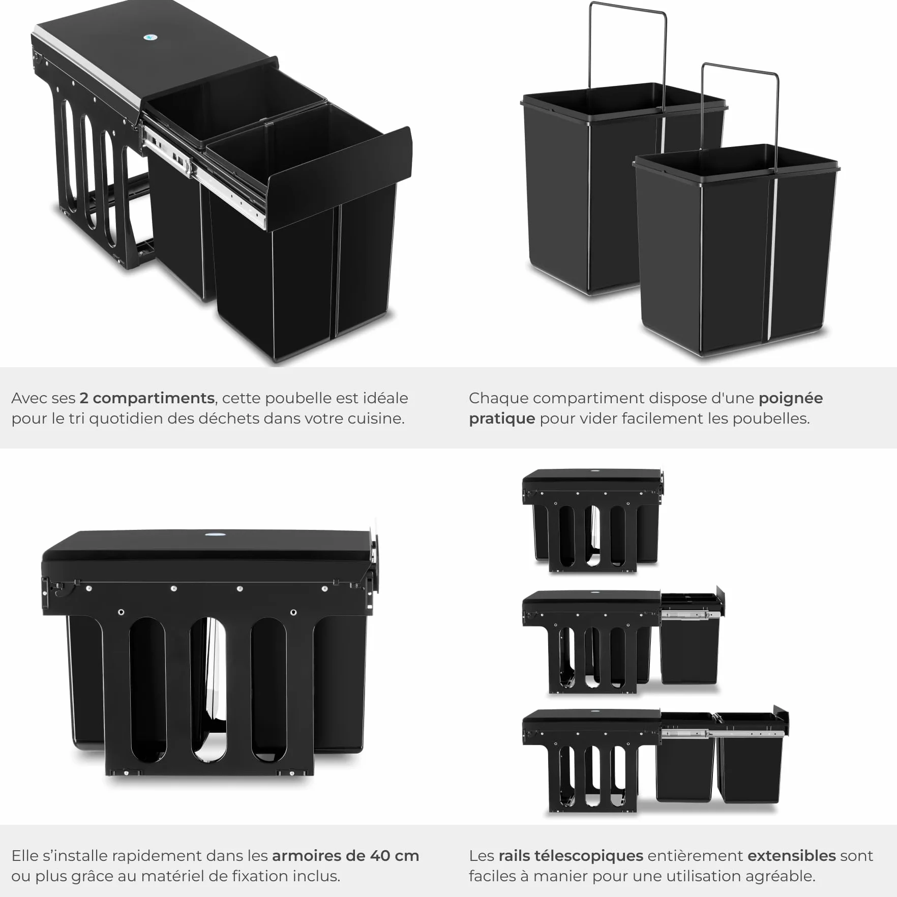 Poubelle de tri selectif 2 compartiments 2x15L 30 litres Noir pour Meuble de cuisine