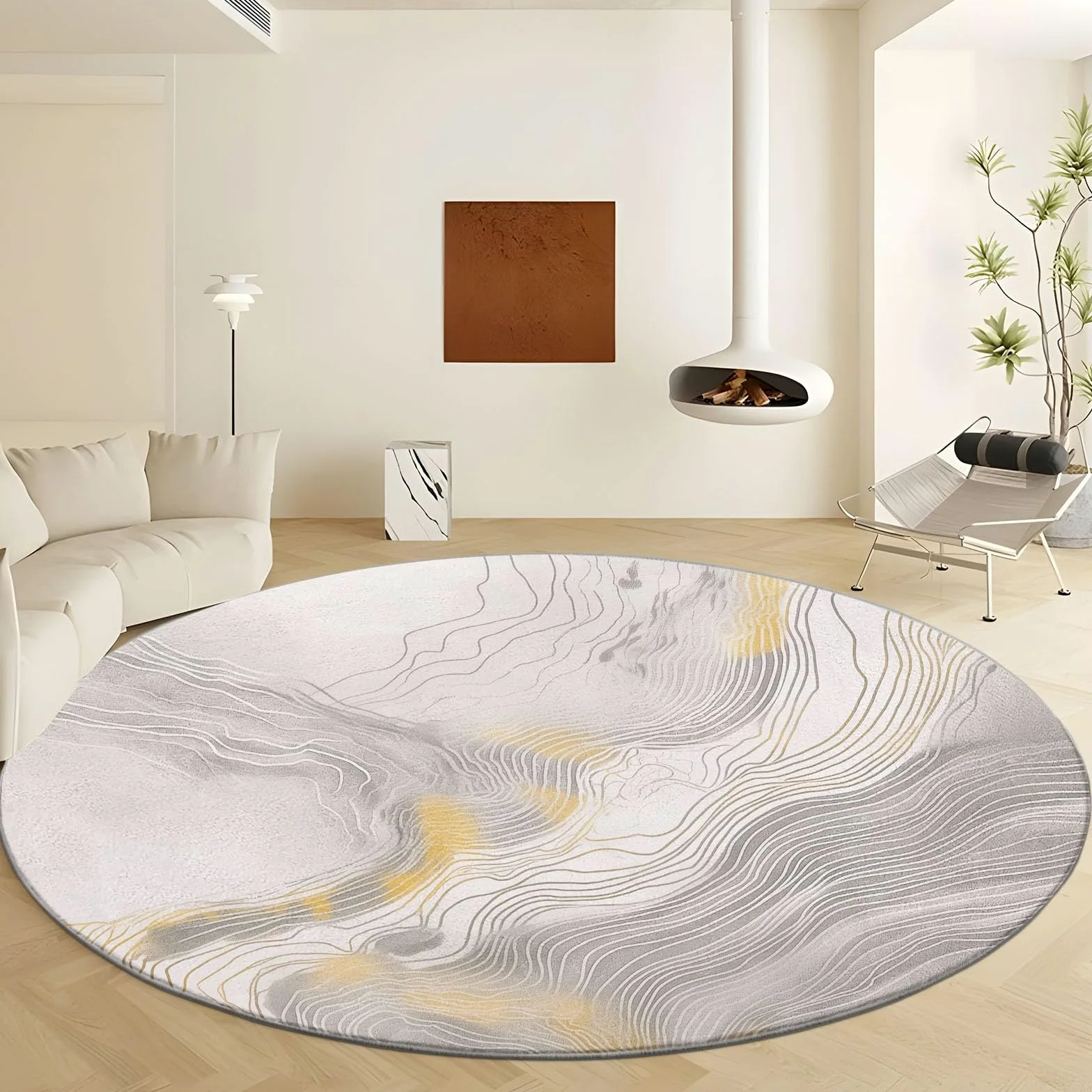Tapis Ronds Lavables 120 cm, Marbre Texturé Doré Tapis Rond Antidérapant pour Salon, Surréalisme Rugs Rond à Poils Courts Doux pour sous Table à Manger