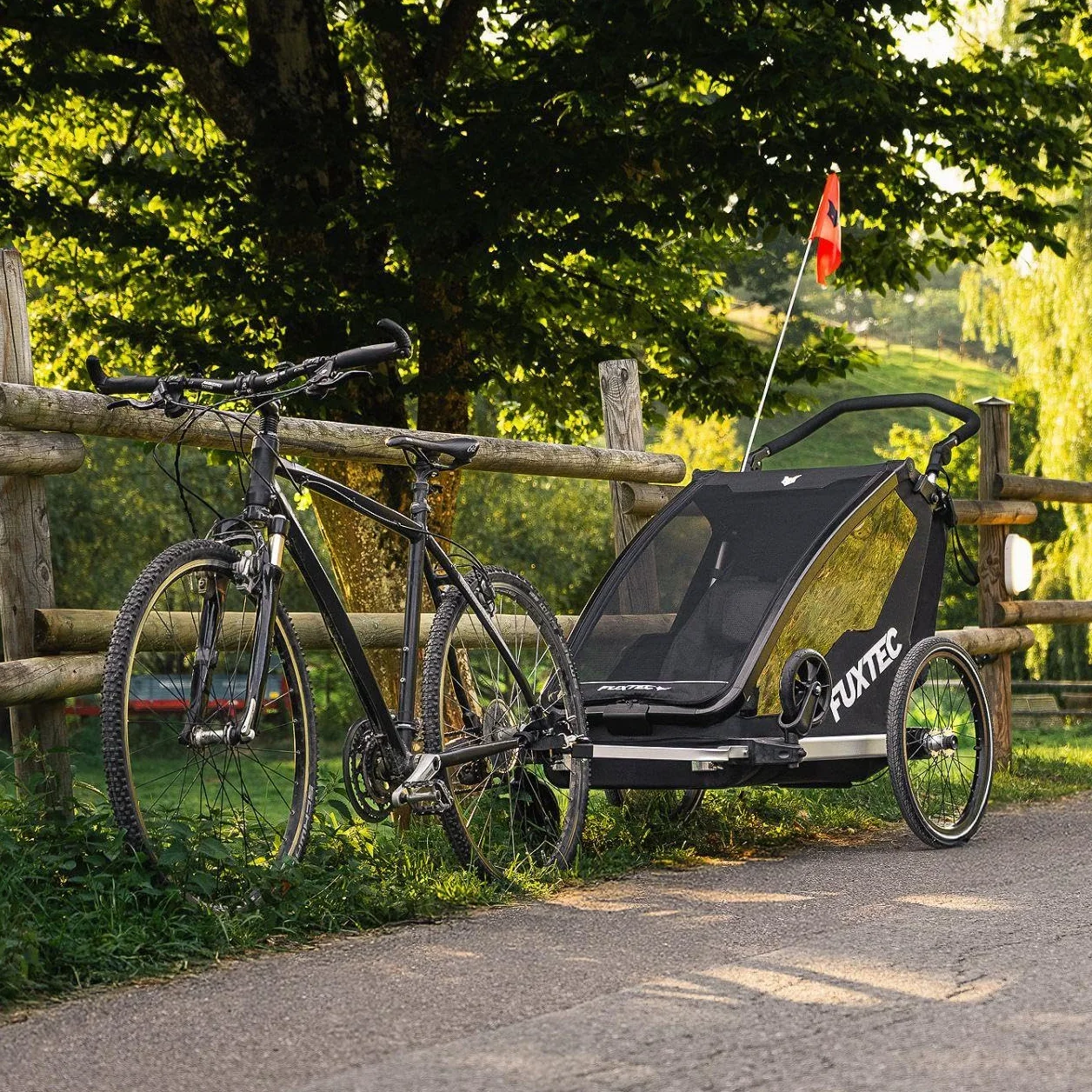 Fuxtec Sport Cruiser 2-en-1 Remorque Vélo Buggy Jogger Noir pour 2 Enfants en Aluminium Pliable avec Protection Pluie et Soleil