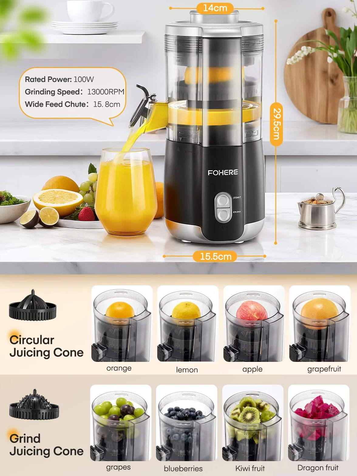 FOHERE Presse Agrumes Automatique 100 W, 2 Cônes, Bec Anti-gouttes, Sans BPA