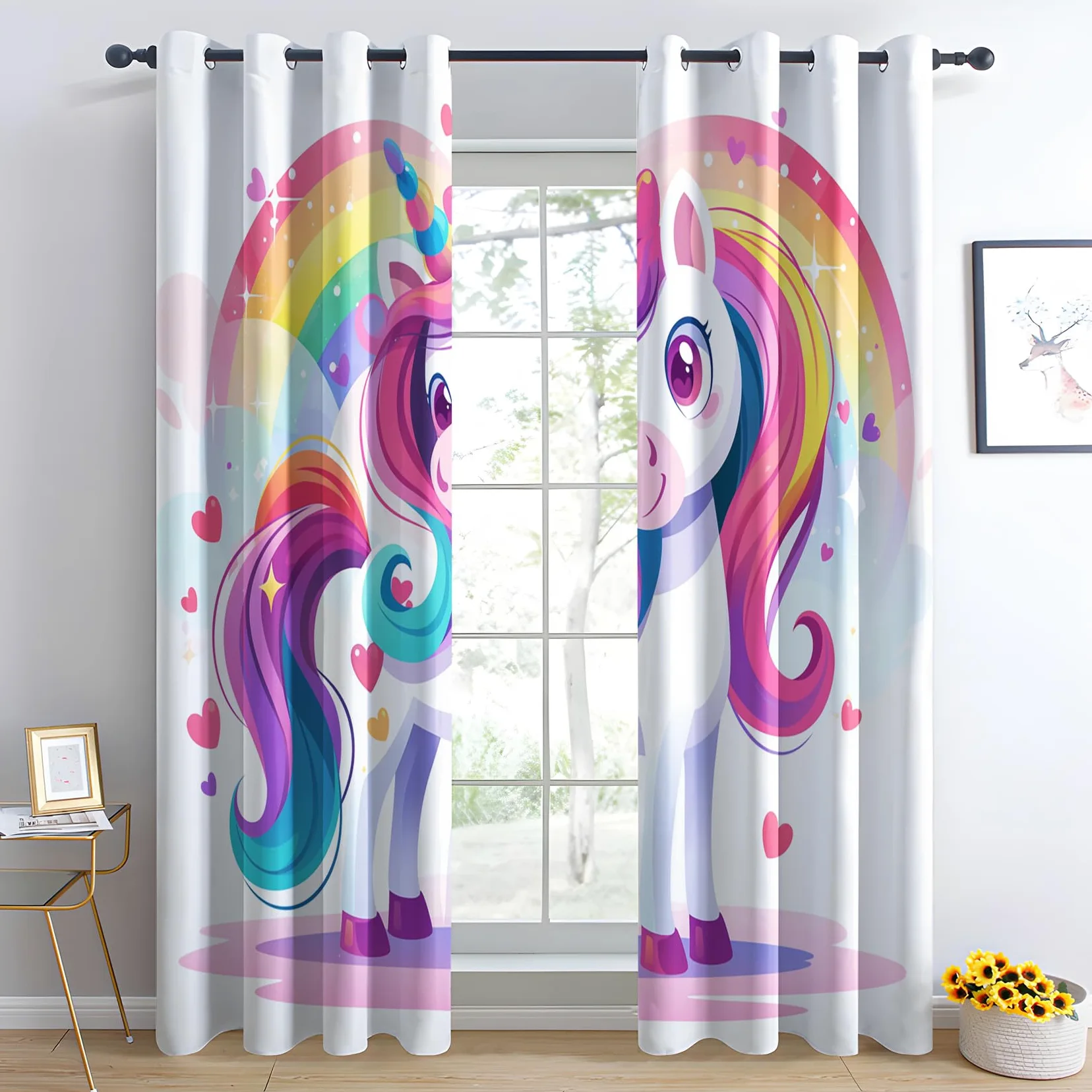 Rideau Occultant Licorne - Décoration Licorne, Rideau Thermique Motif Fille Arc en Ciel, Lot de 2 Rideaux Opaque à Oeillets pour Fenetre Chambre Salon Chambre Enfant, 140x220 cm (LxH) W#300