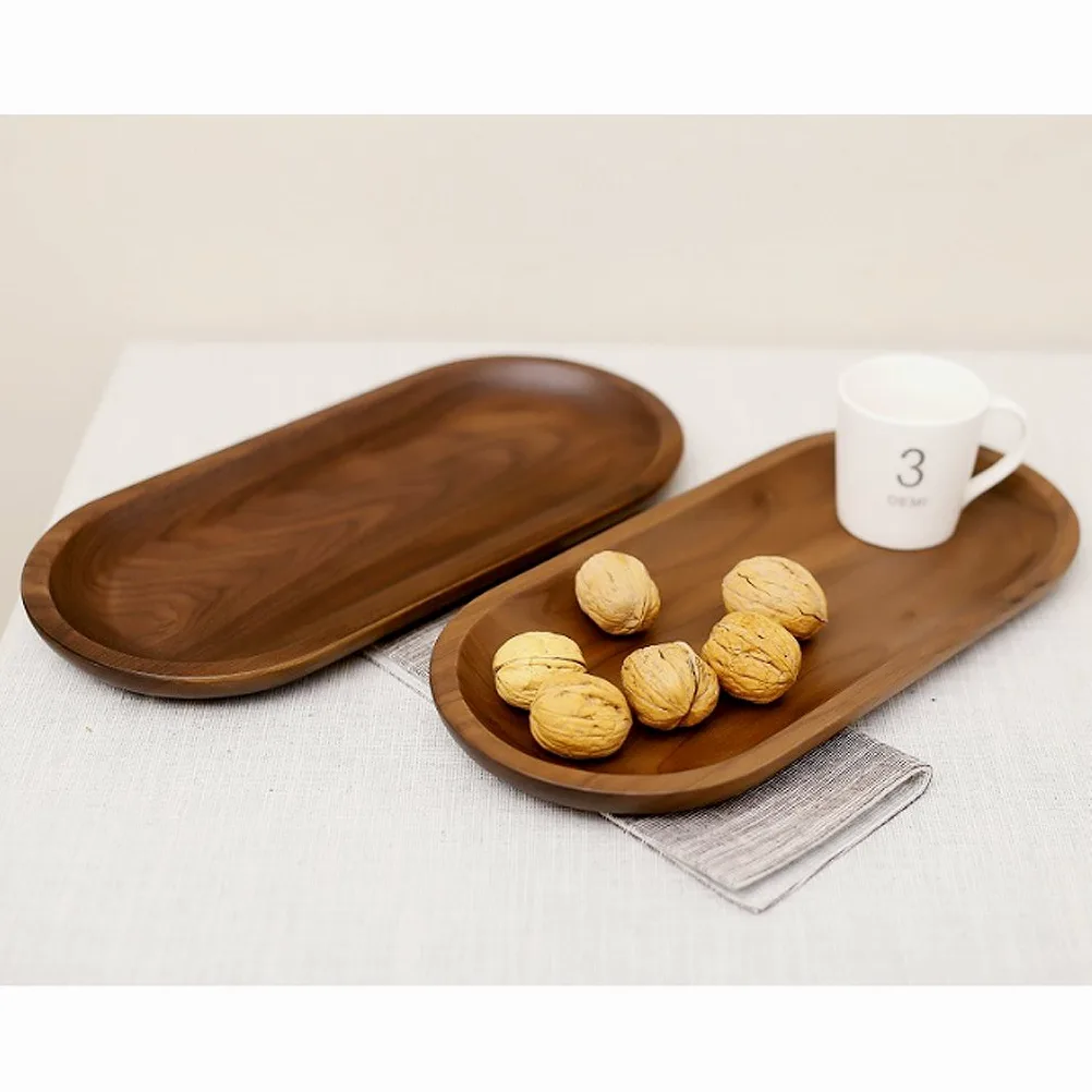Plateau de service en bois massif décoratifs, plateaux, servir les plats pour la nourriture Fruits Thé café Vin de qualité premium, respectueux de l'environnement, forme ovale – Noyer Noir Large