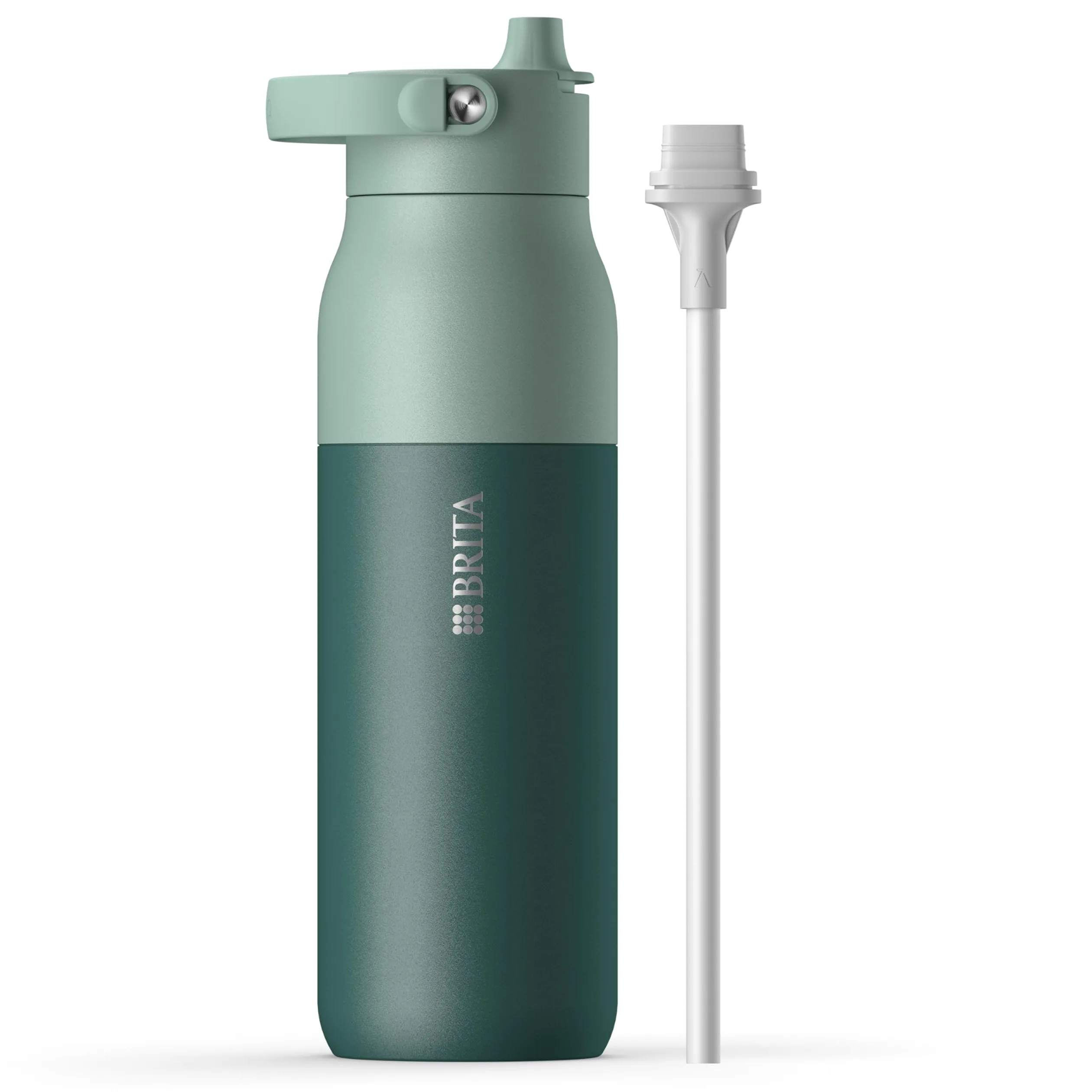 BRITA LARQ Essential gourde isotherme Verte (1000 ml) en acier inoxydable avec paille intégrée, double paroi isolante,(conserve l'eau froide 24h), poignée amovible soft-touch