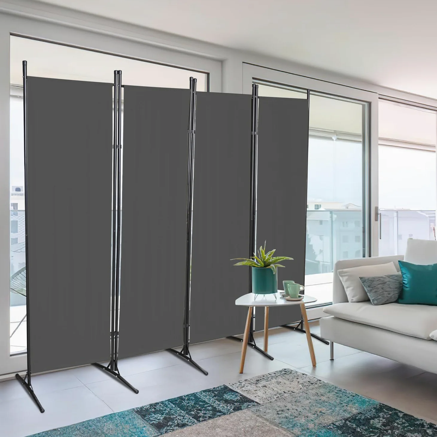 Paravent Cloison de Séparation 4 pièces, 200 x 170 cm, Pliable, autoportant, séparateur de pièce, intérieur écran Pliable pour Bureaux, Chambres à Coucher (Gris Foncé)