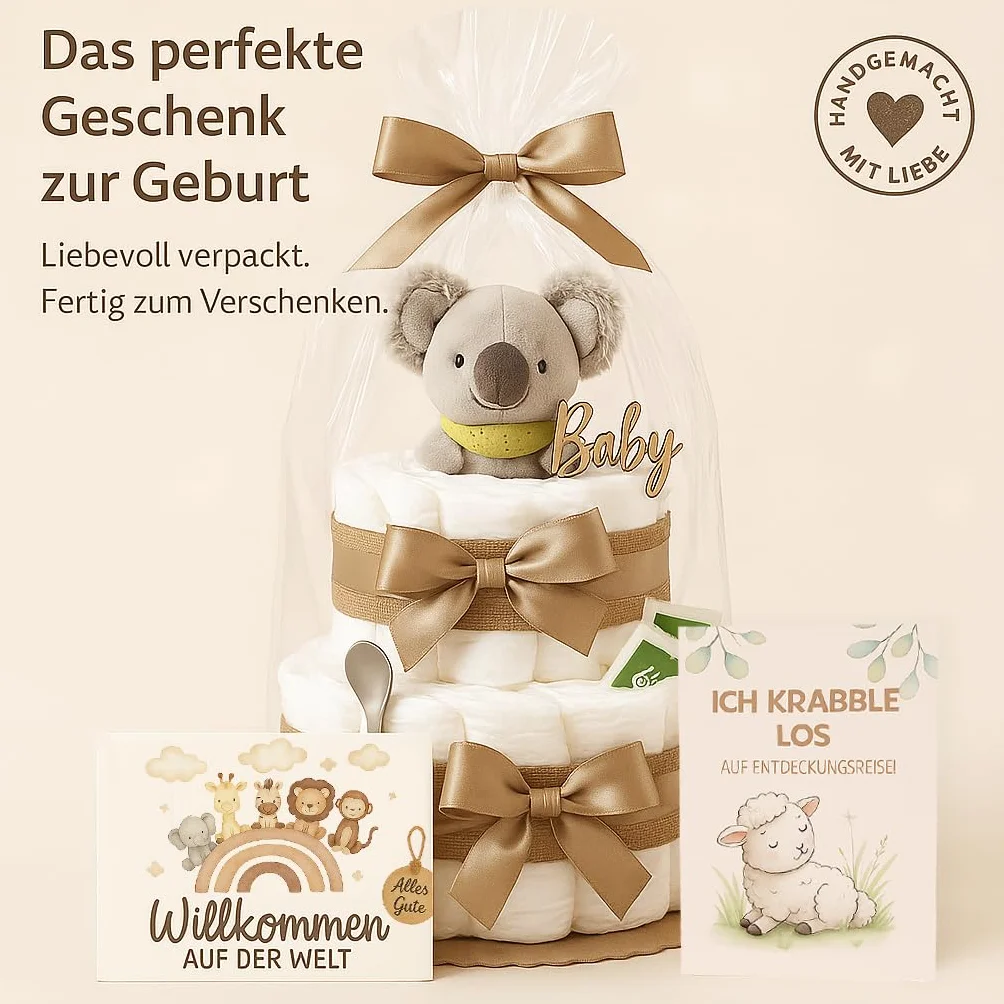 Gâteau à couches koala Greifling Boho Vintage fait à la main Cadeau de naissance pince thé bio bébé