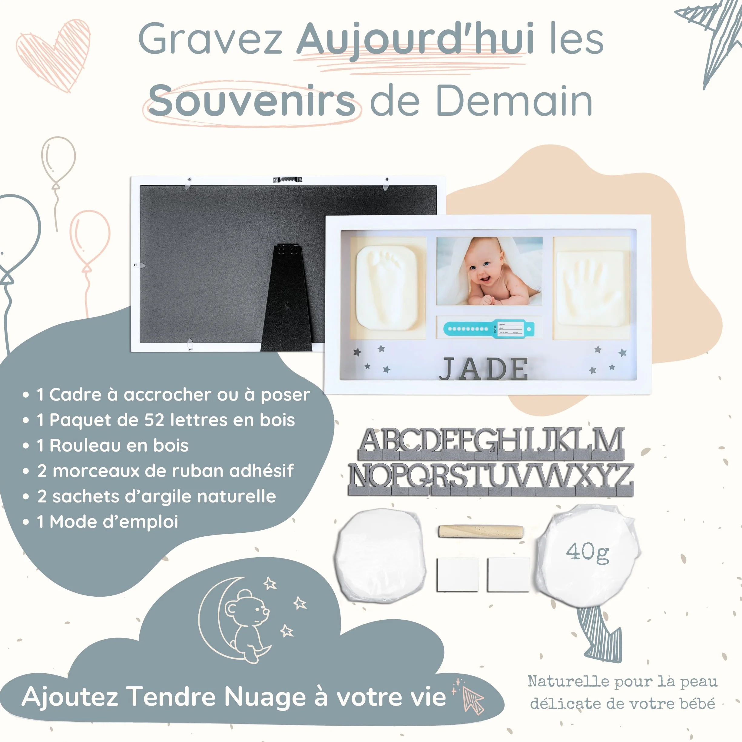 Kit Empreinte Main Pied Bébé Moulage Argile Cadre Photo OFFERT Cadeau Naissance Original Personnalisé