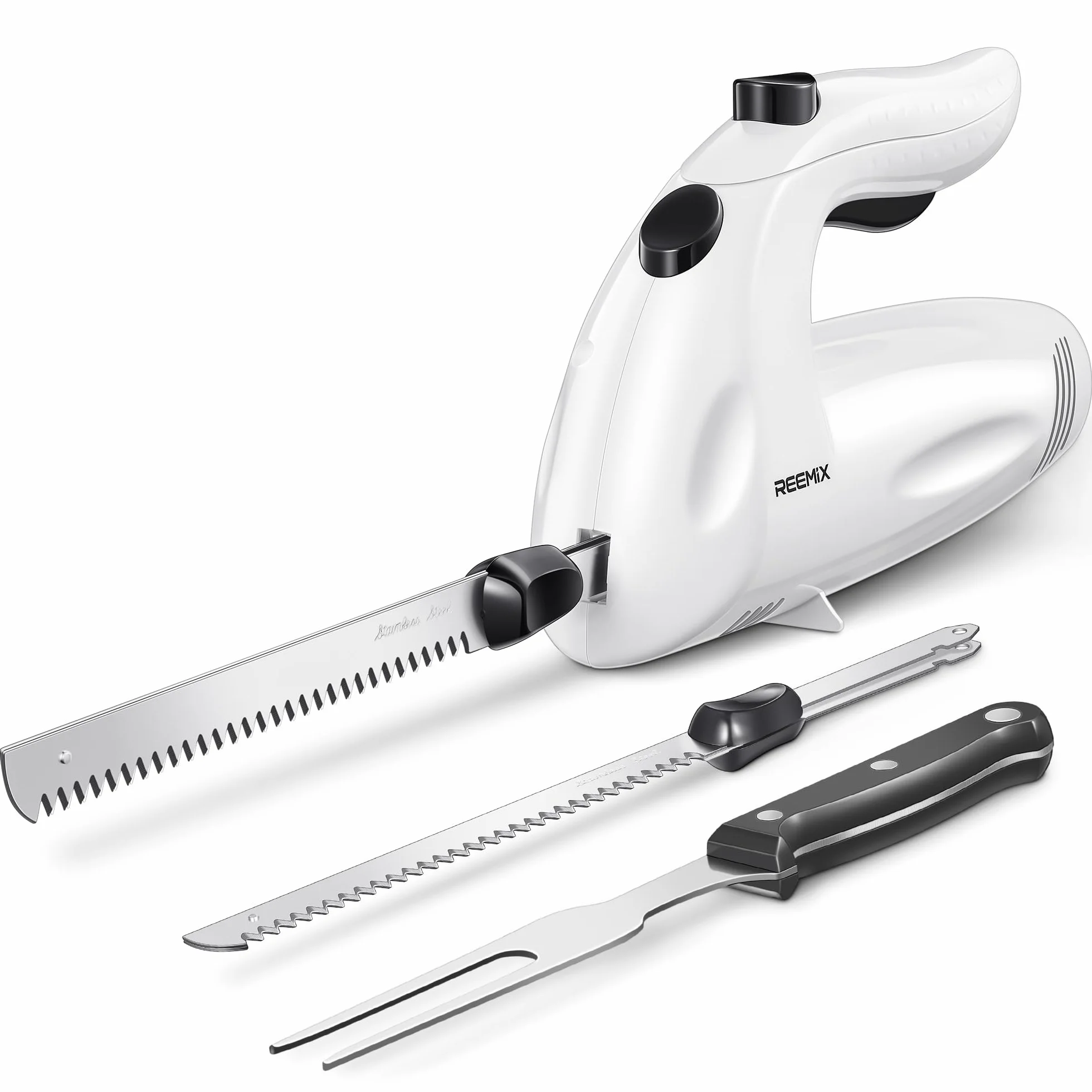 Reemix Couteau électrique à viande 2 lames, 1 fourchette, bleu