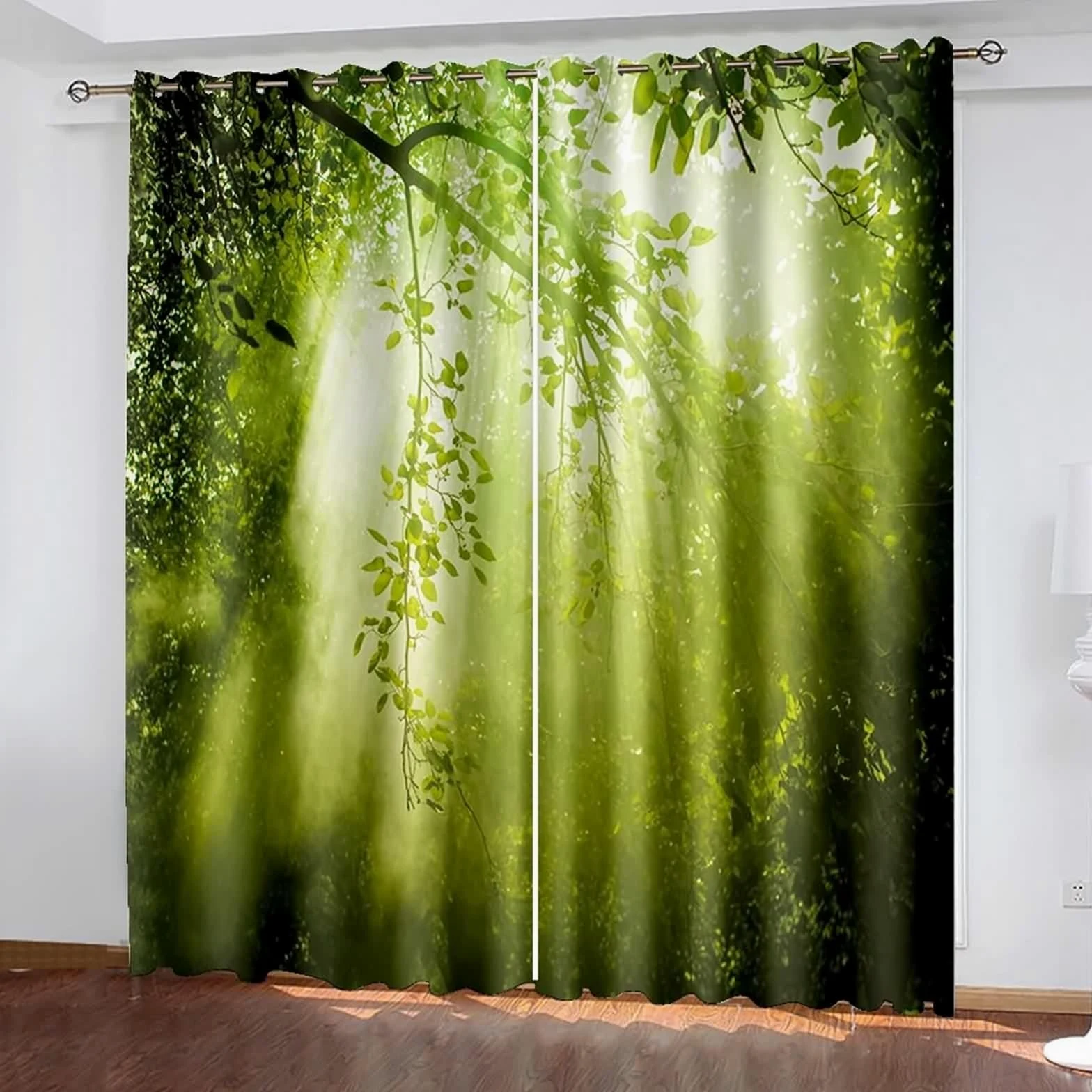 Rideau Stof Polyester, Rideau Anniversaire Vert Branches et Soleil Décoration Chambre Salon 102L x 214H CM Lot de 2