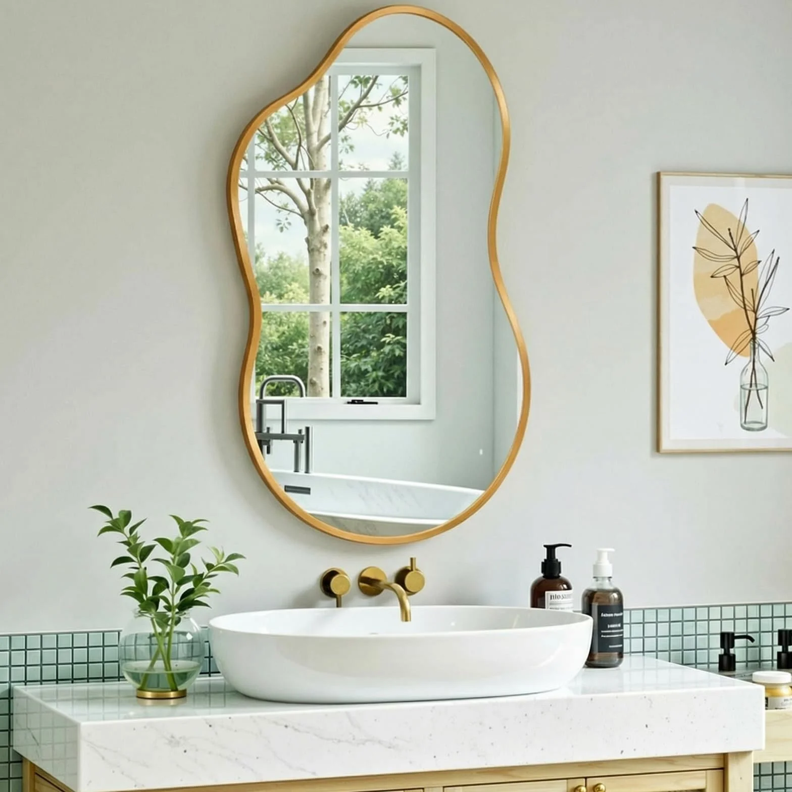Miroir asymétrique 50x91 cm verre trempé cadre aluminium doré MAMIZO