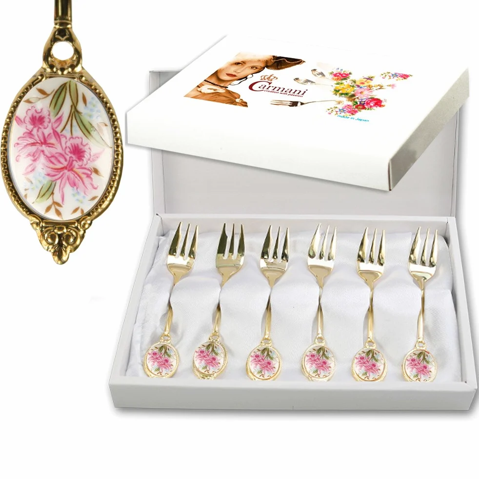CARMANI - Lot de 6 Fourchette a dessert décoré avec des fleurs dans une boîte cadeau