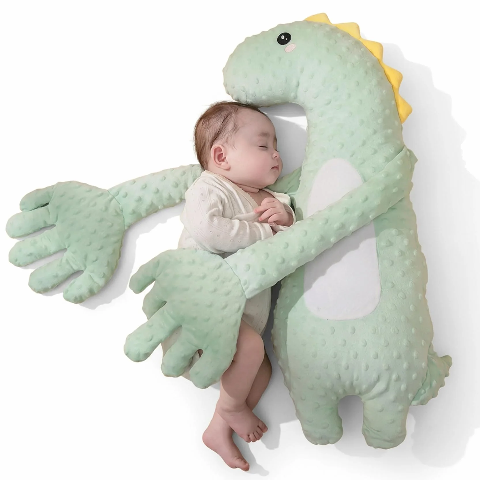 Tapoter la main pour le sommeil de bébé – Oreiller à tapoter pour bébé dinosaure vert, oreiller apaisant intelligent avec tapotements doux et minuterie, aide au sommeil portable pour nourrissons