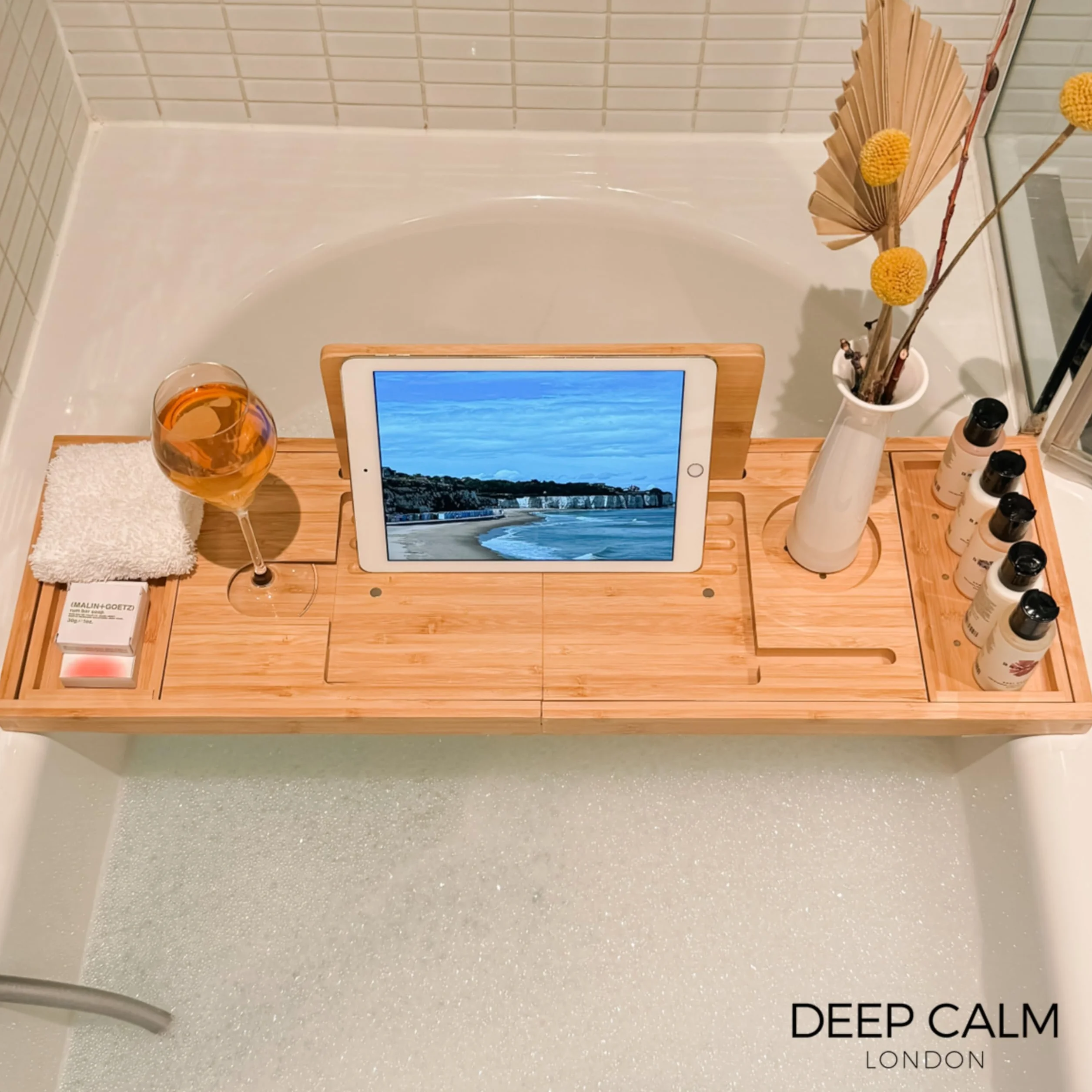 Baignoire Plateau Bambou Antidérapant pour Bain avec Support iPad Téléphone