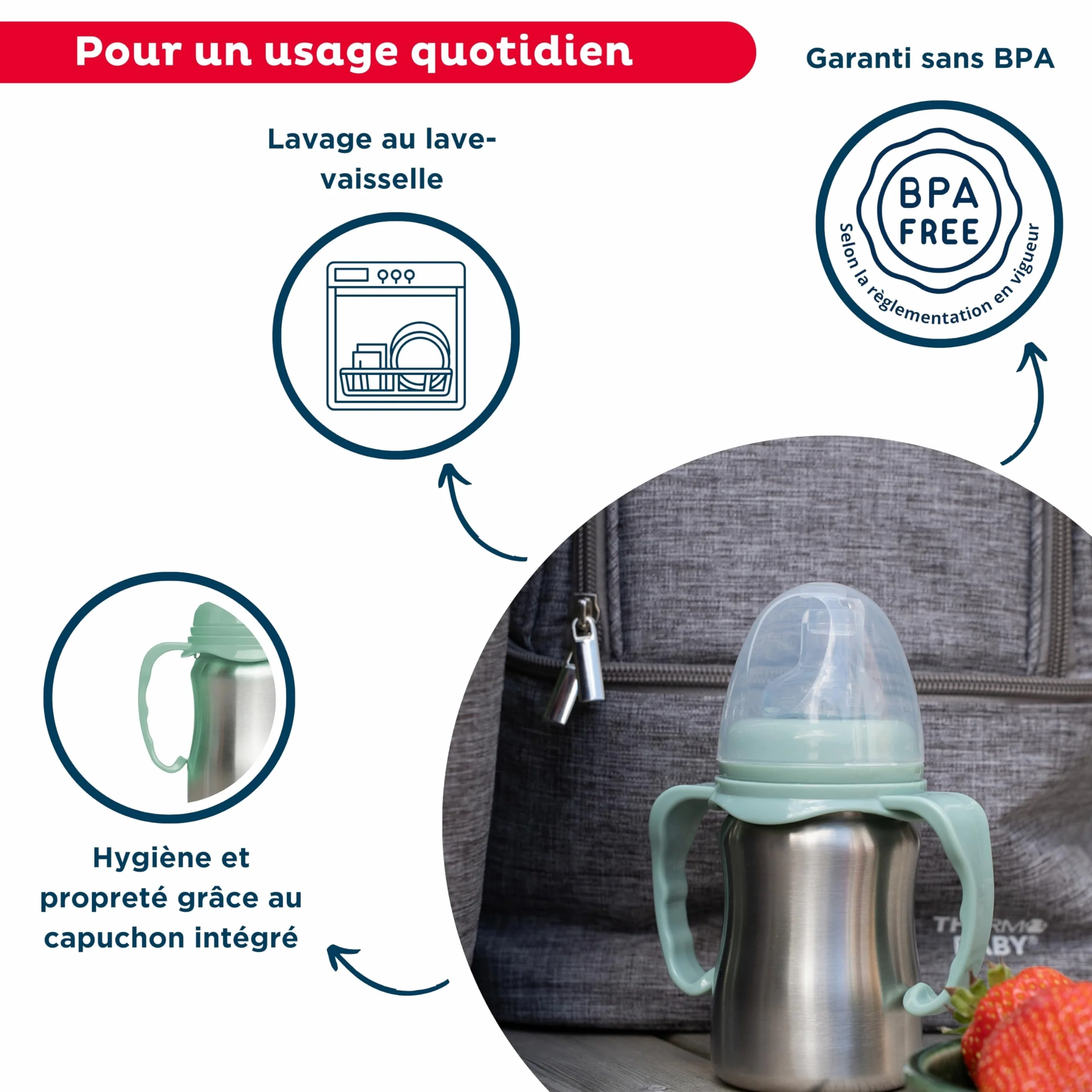 THERMOBABY Tasse En Inox Bébé Avec Anses Et Tétine Silicone Anti-Fuites 180 ml Vert Cactus