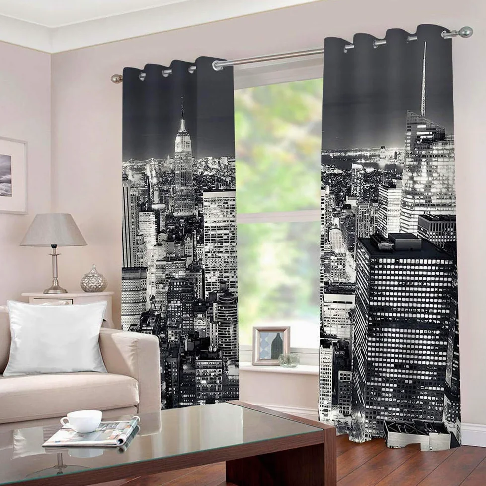 Rideaux Occultants Vue de Nuit de New York Oeillets Rideaux Occultants Thermiques Isolation Phonique Microfibre Enfants Salon Chambre Rideaux Home Decorative 140x180cm x 2pcs