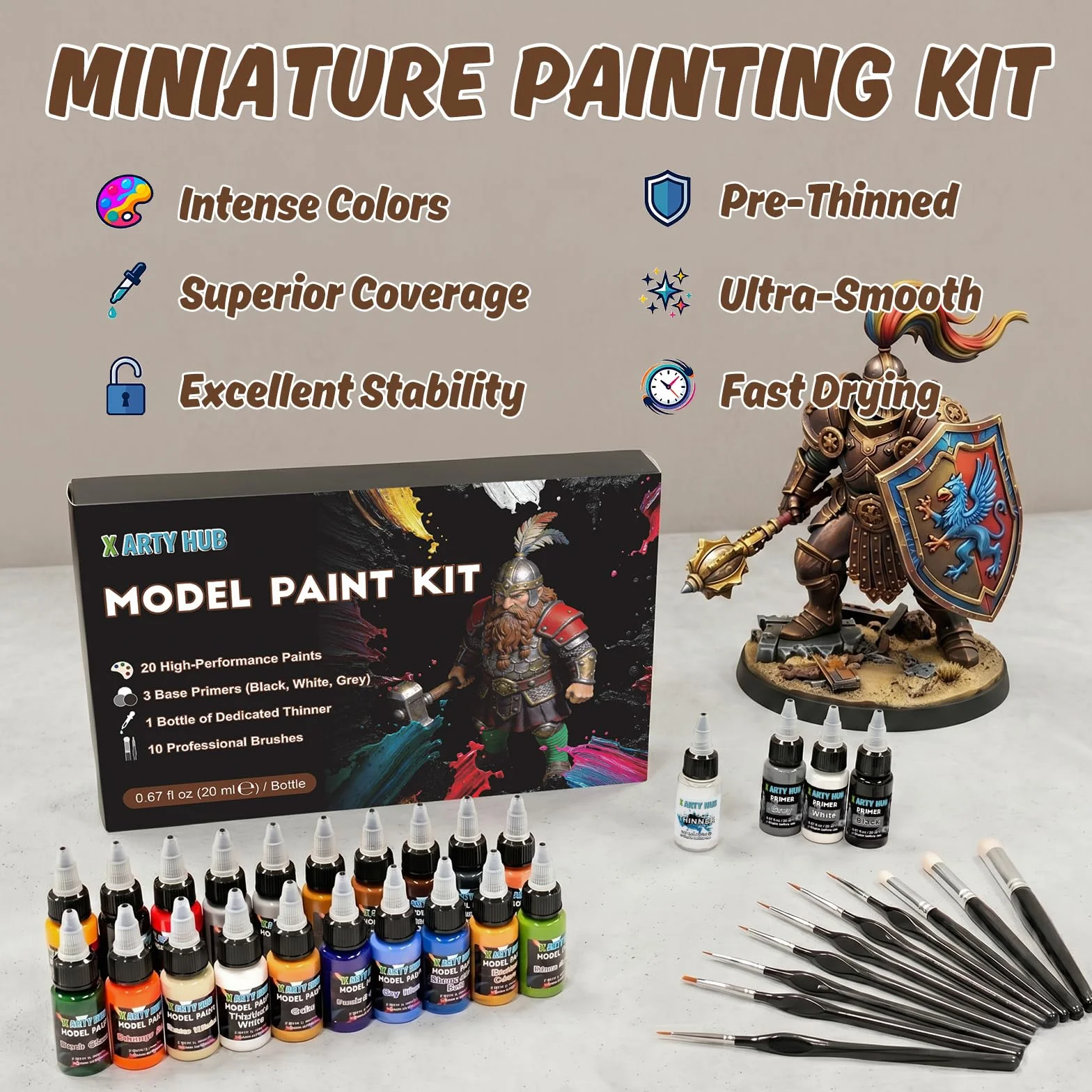 Kit de Peinture pour Maquettes avec Apprêts, Diluant et Pinceaux | 20 Peintures Acryliques, 3 Apprêts, 1 Diluant et 10 Pinceaux, Pinceau et Aérographe, pour Figurines, Miniatures & Modèles