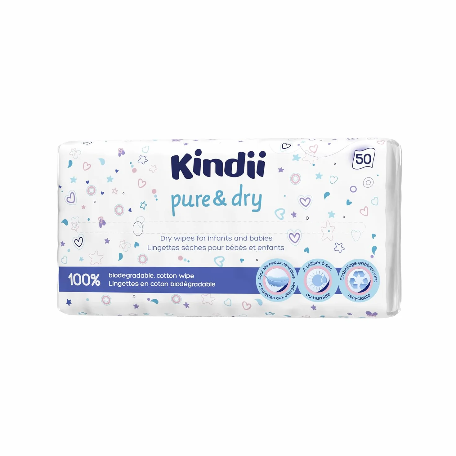 Kindii Pure&Dry Lingettes Bébé 50 Pièces Ultra Douces Pur Coton Sans Parfum Sans Alcool