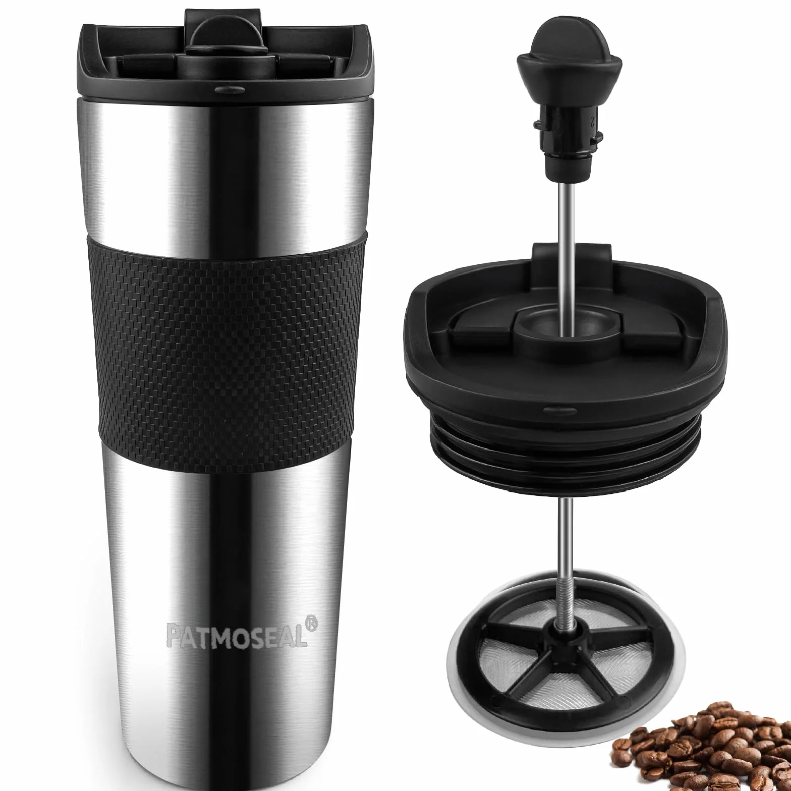 Tasse de voyage isotherme à piston étanche 450 ml argenté – Cafetière portable sous vide 3 tasses