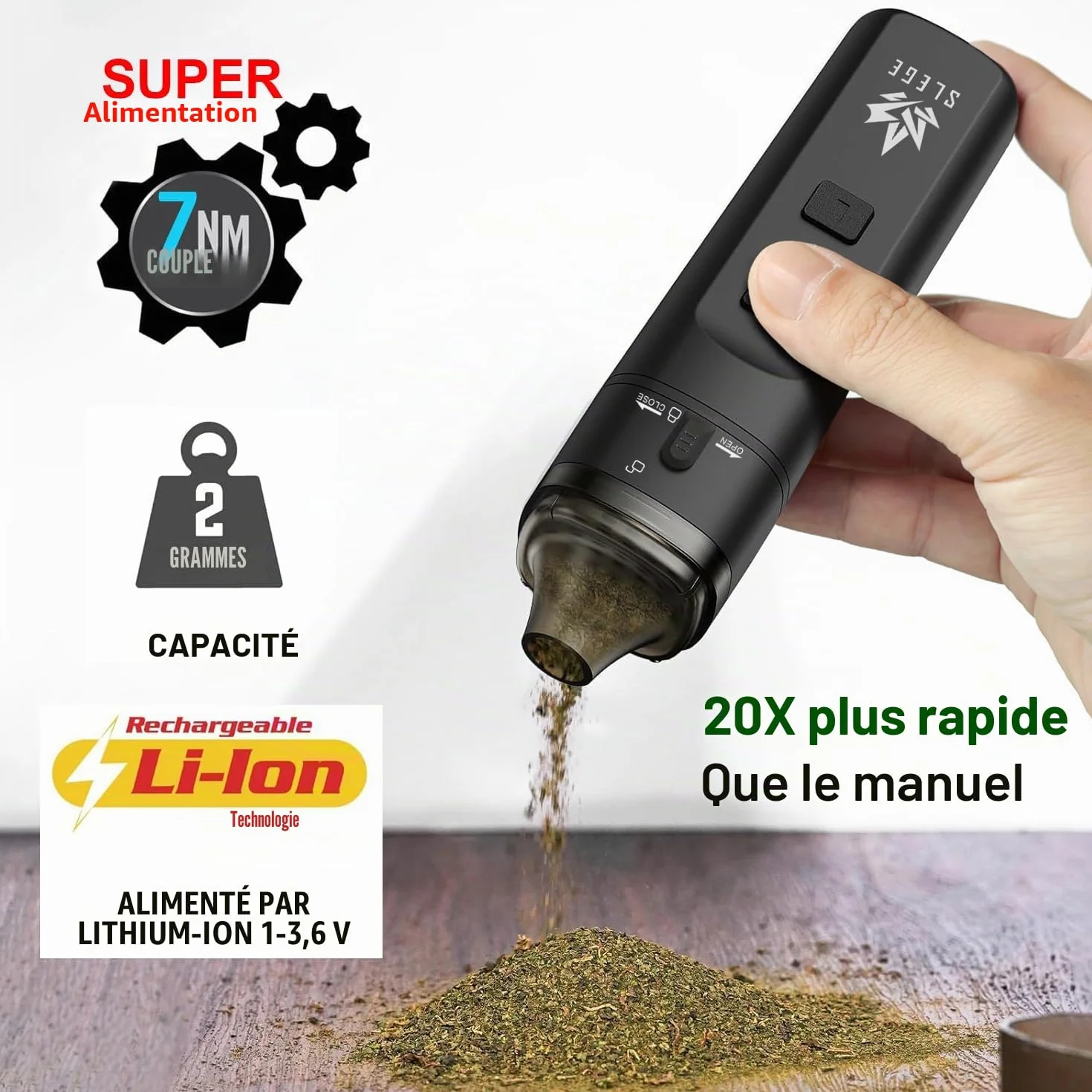 Grinder électrique à épices, broyeur portable 7 Nm, mouture rapide 1,5 g, USB (noir)
