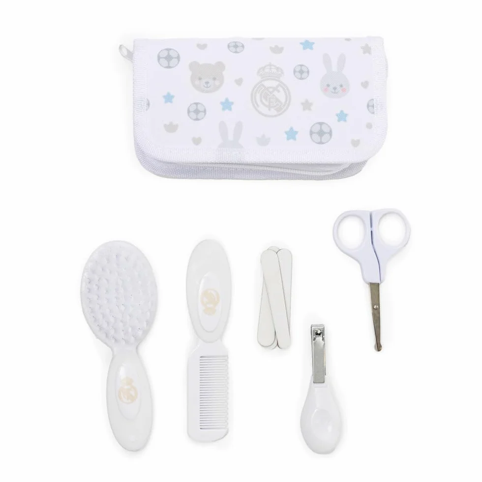 Miniland Kit de toilette bébé Real Madrid Trousse peigne brosse douce ciseaux coupe-ongles limes Design officiel club 0 mois