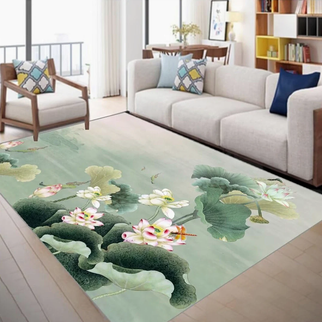 Tapis De Chambre Tapis Chambre Fille Tapis de Zone Feuille de Lotus Verte Fleur Rouge décoration rectangulaire Lavable Tapis De Salon Carre 80X200CM
