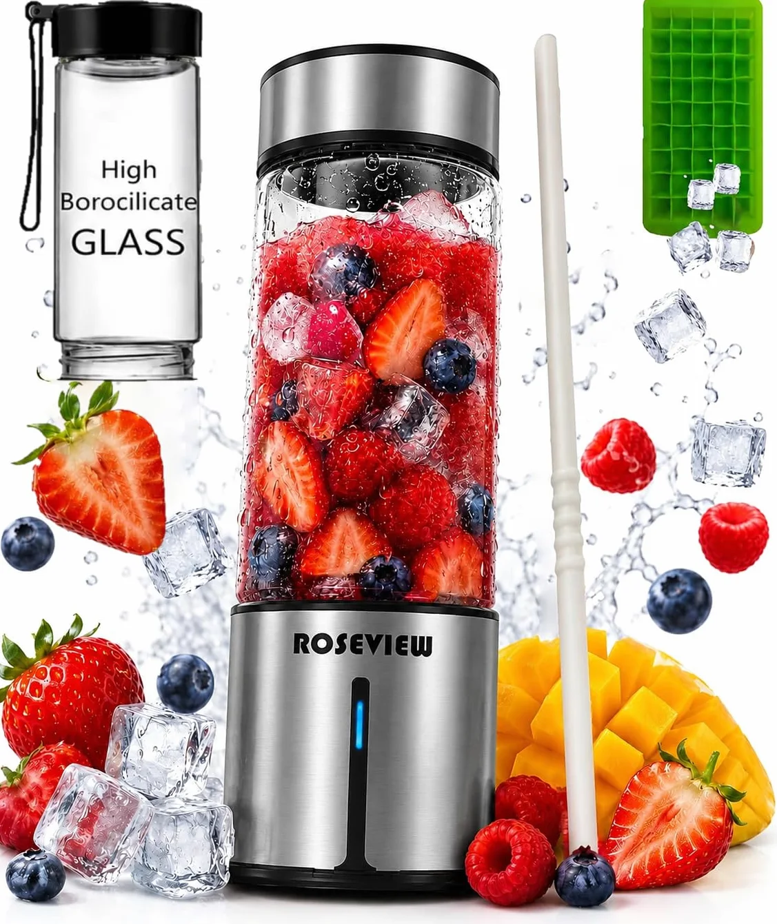 Mixeur à smoothie portable ROSEVIEW Bouteille en verre rechargeable par USB Mini presse-agrumes 2 mélanges sans fil Machine à smoothies personnels Mélangeur de fruits