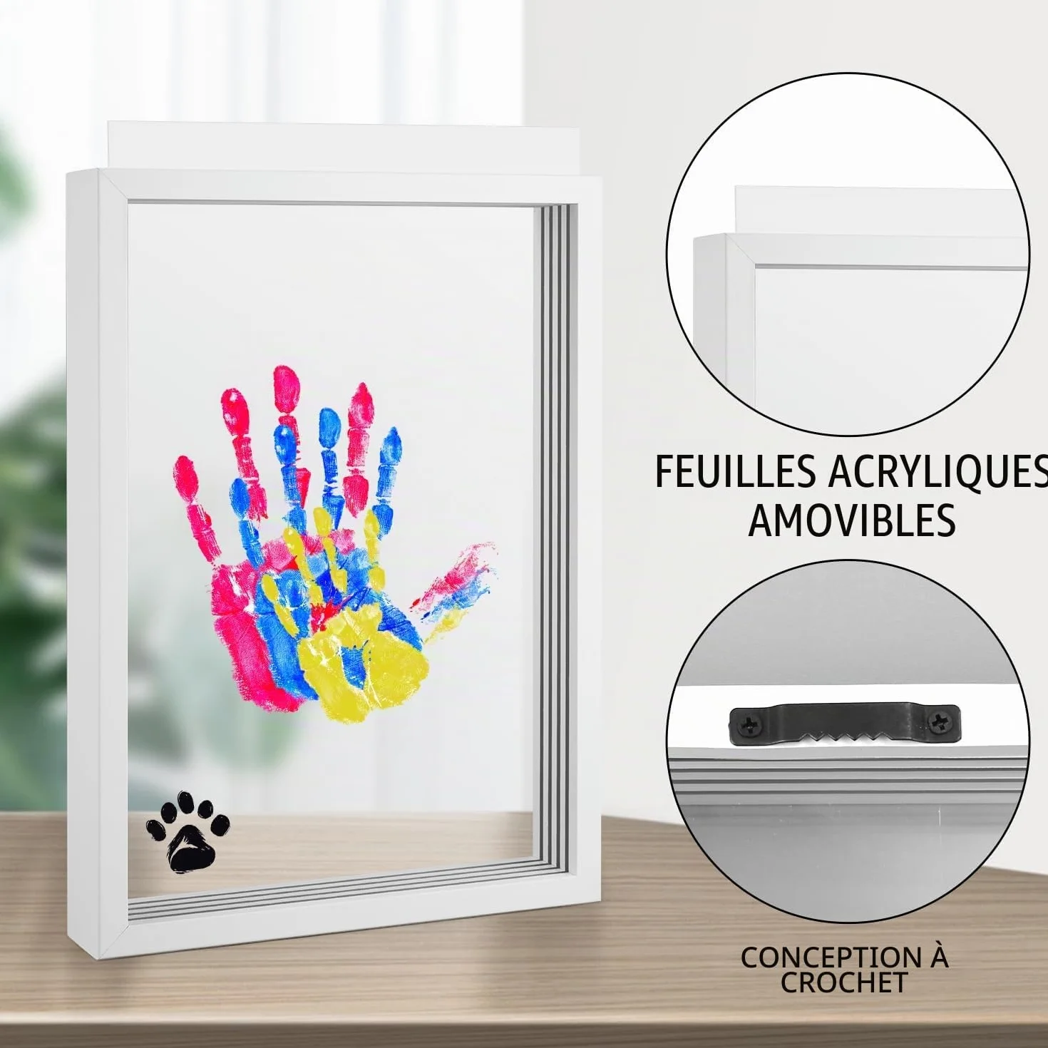 Kit d'Empreintes de Mains Familiales, Cadre en Bois Souvenir Artisanal, Coffret Cadeau, Peintures Non Toxiques, Feuilles Transparentes (Blanc)