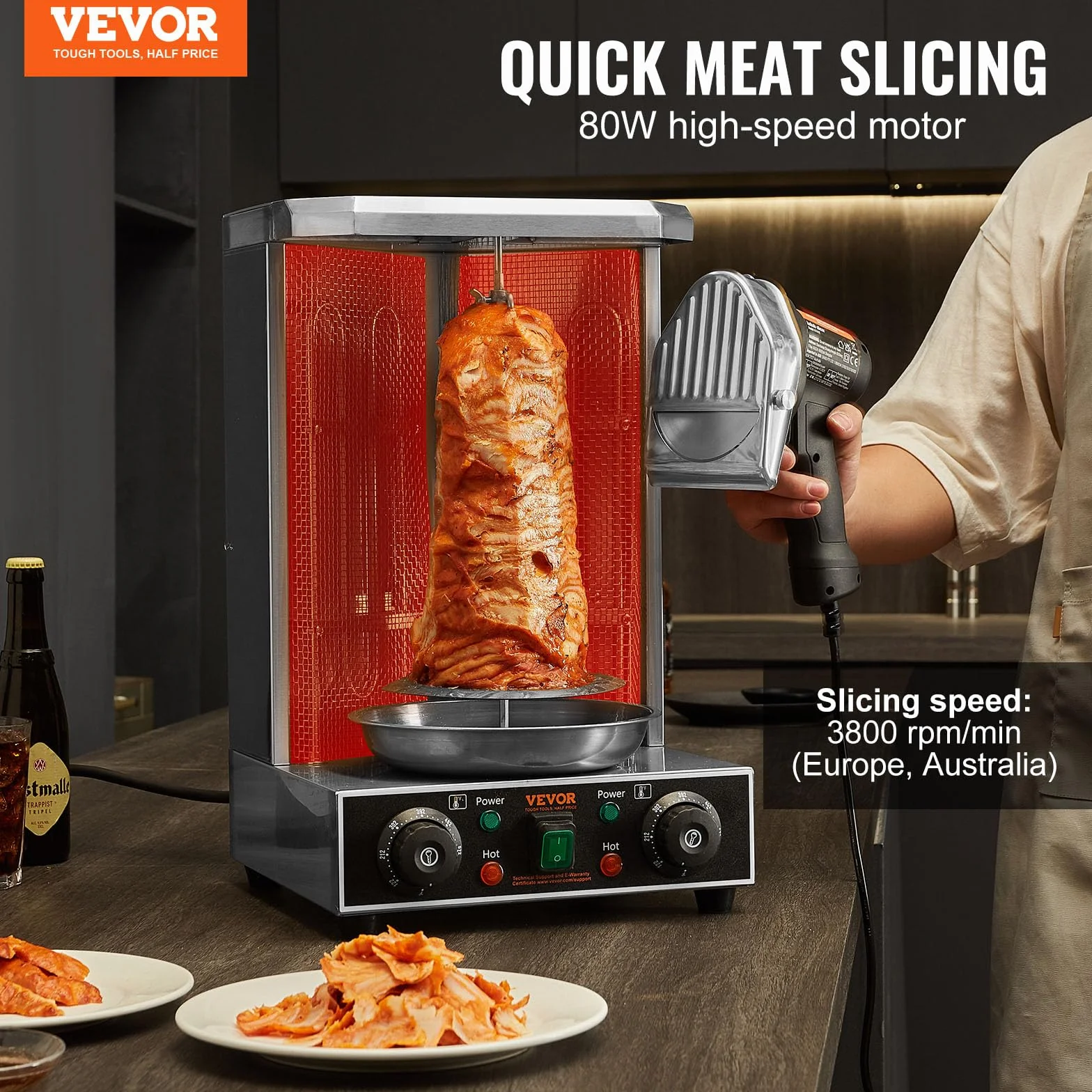 VEVOR Couteau à Kebab Électrique 80 W, Trancheuse à Viande Turc Shawarma Döner Kebab Commerciale Inox 100 mm
