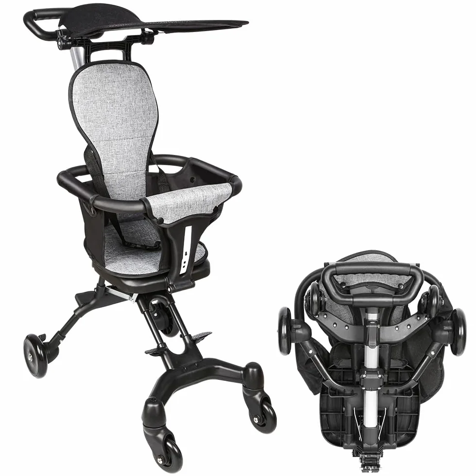 Poussette Compacte 25 kg Inclinable Pliable Porte-Gobelet Capote Pare-Soleil UPF 50+ Panier Course XL Gris Noir